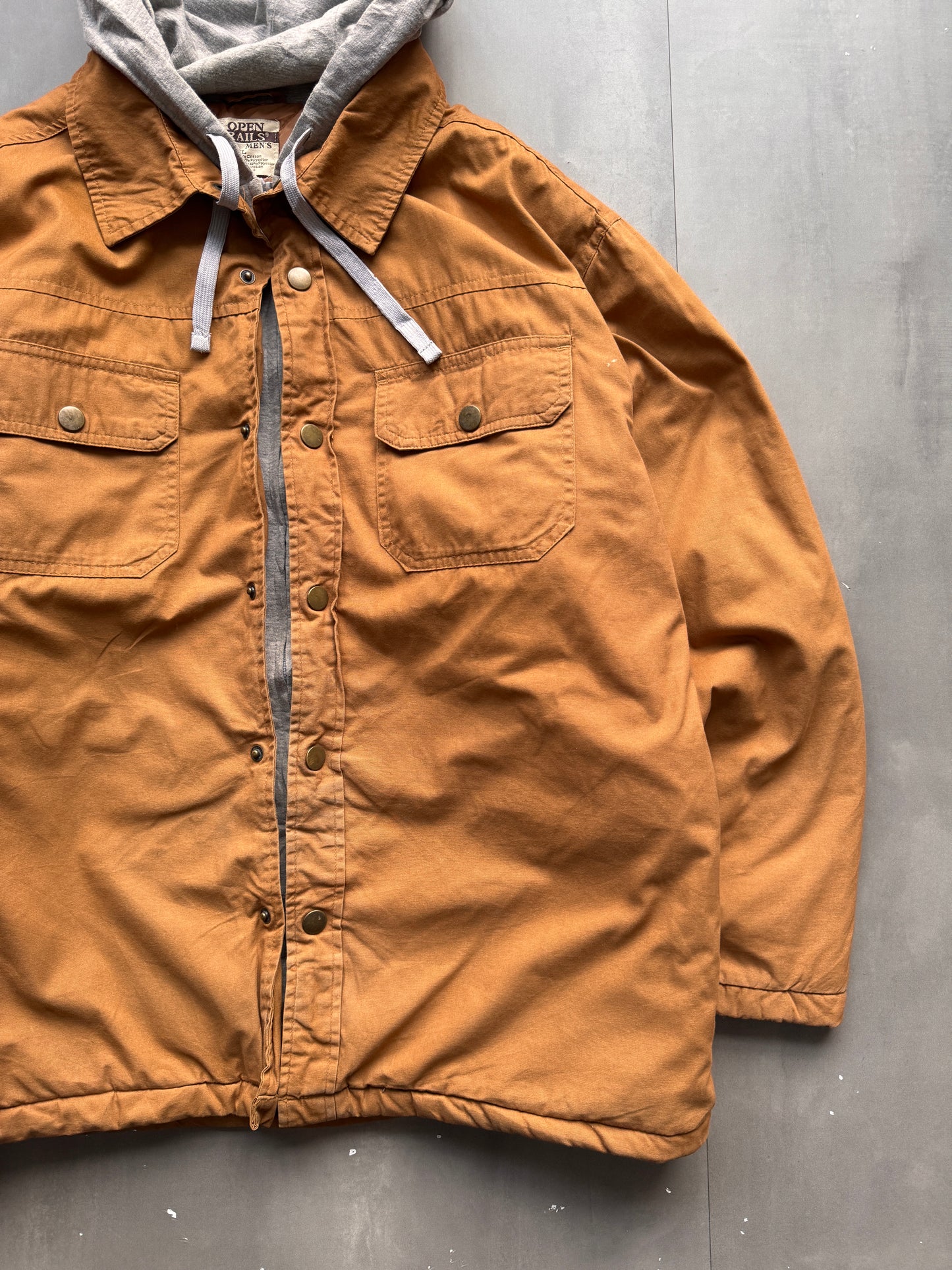 VINTAGE OPEN TRAILS TAN HOODED WORK JACKET - L