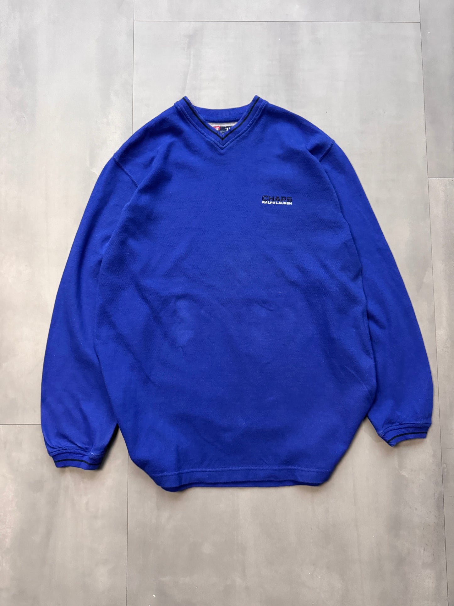 VINTAGE CHAPS BY RALPH LAUREN BLUE V-NECK KNIT SWEATER - LARGE