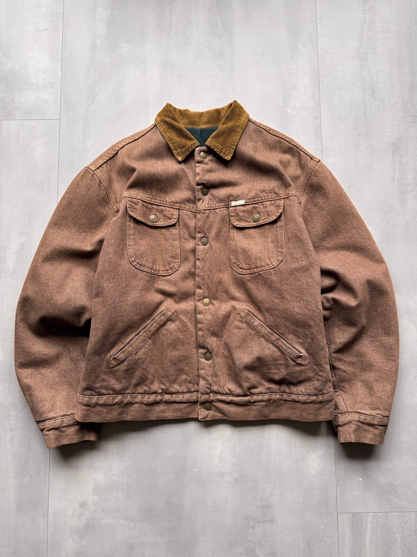 VINTAGE RIFLE LINED BROWN TRUCKER JACKET - L