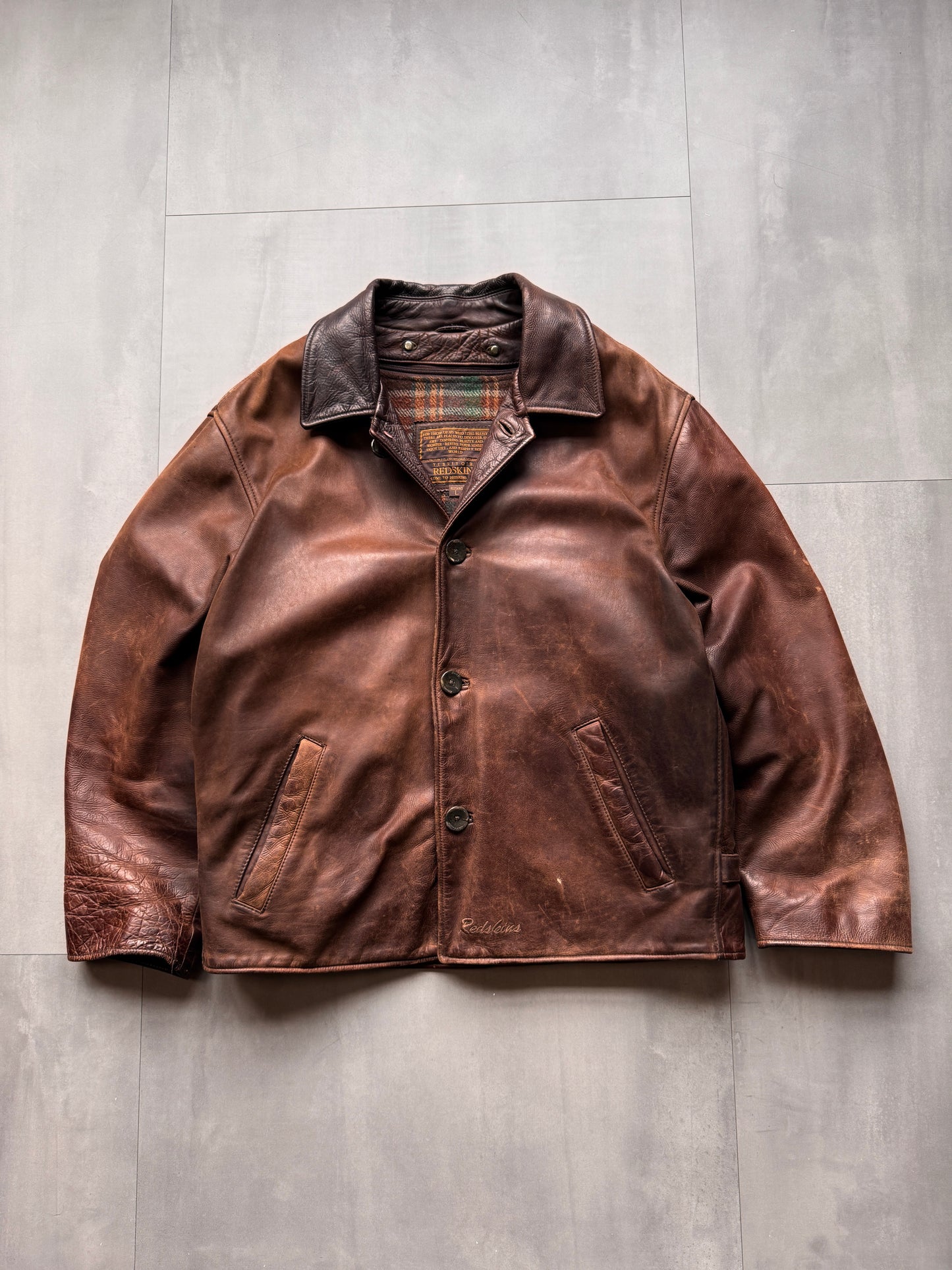 VINTAGE REDSKINS BROWN AGED LEATHER JACKET - XLARGE