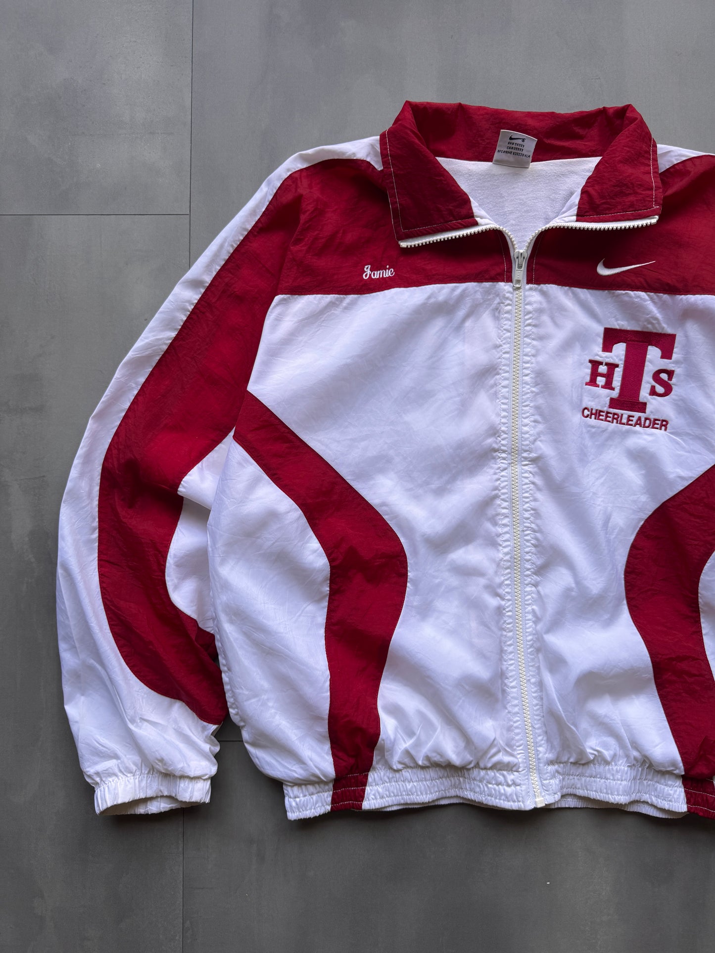VINTAGE NIKE CHEERLEADER RED/WHITE TRACK JACKET - S