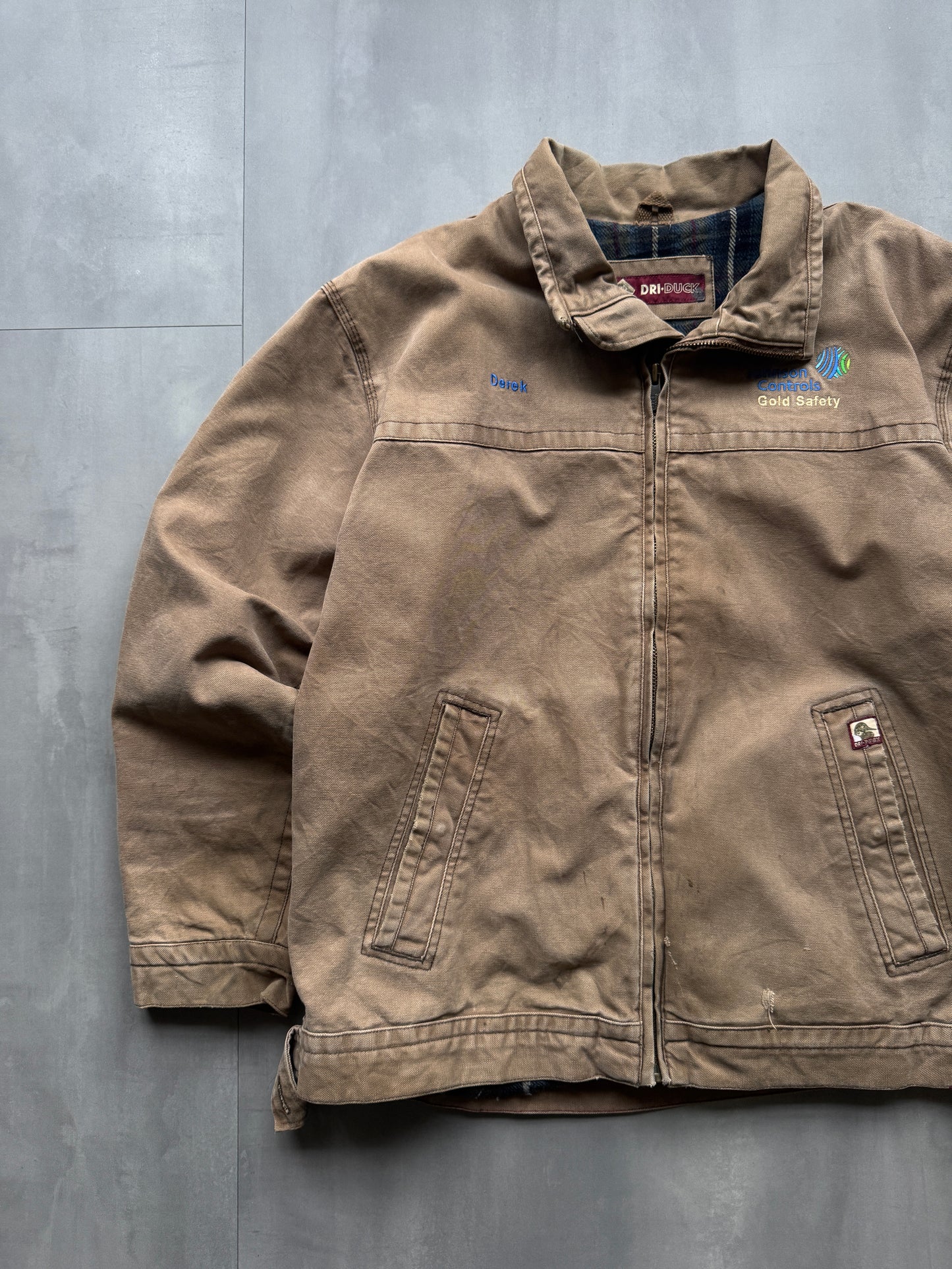 VINTAGE DRI DUCK GOLD SAFETY BROWN BLANKET LINED WORK JACKET - L