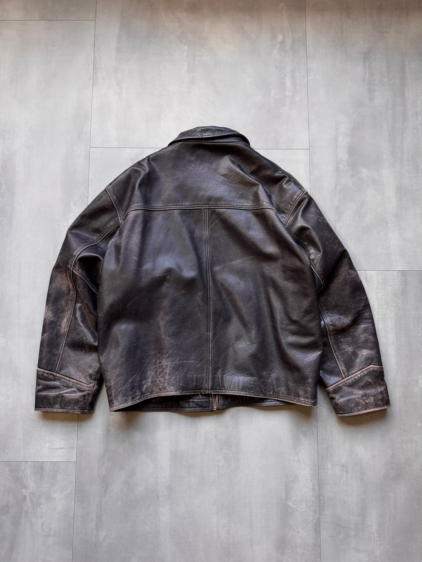 VINTAGE NICKELSON AGED DARK BROWN LEATHER JACKET - XLARGE