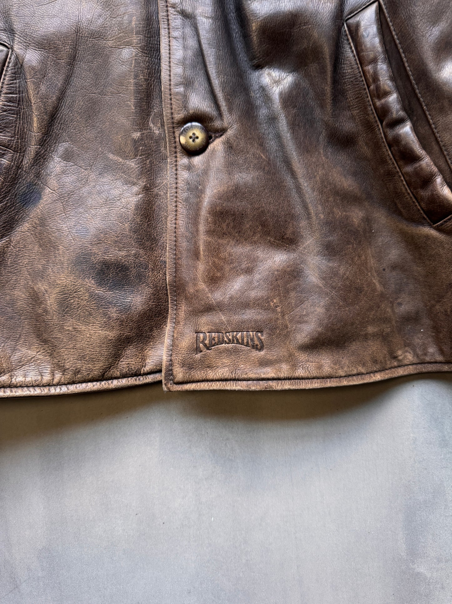 VINTAGE REDSKINS BROWN AGED LEATHER TRENCH COAT JACKET - XLARGE