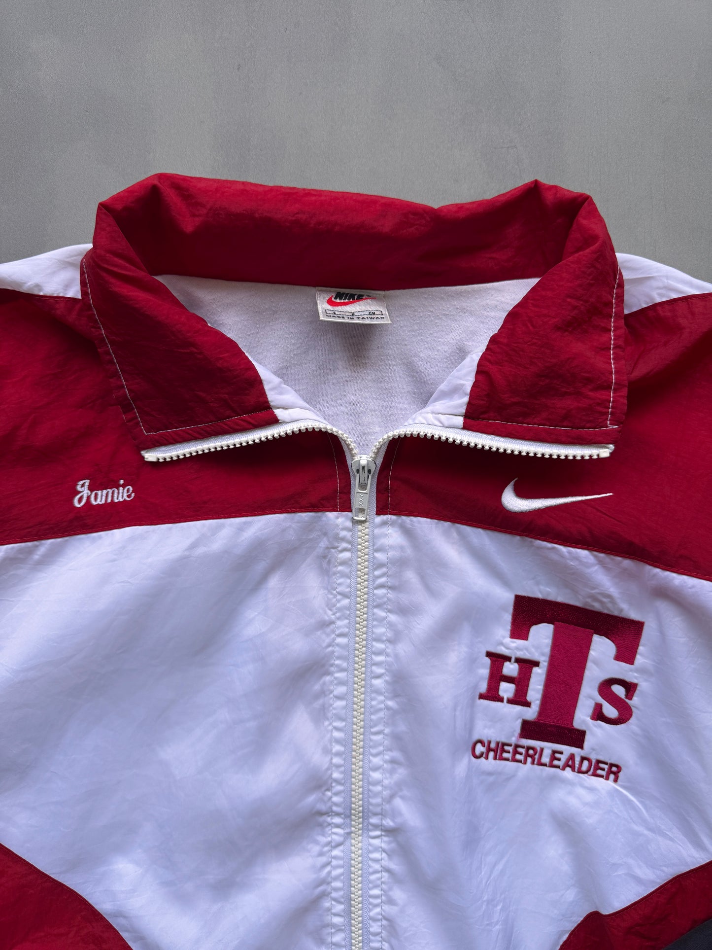 VINTAGE NIKE CHEERLEADER RED/WHITE TRACK JACKET - S