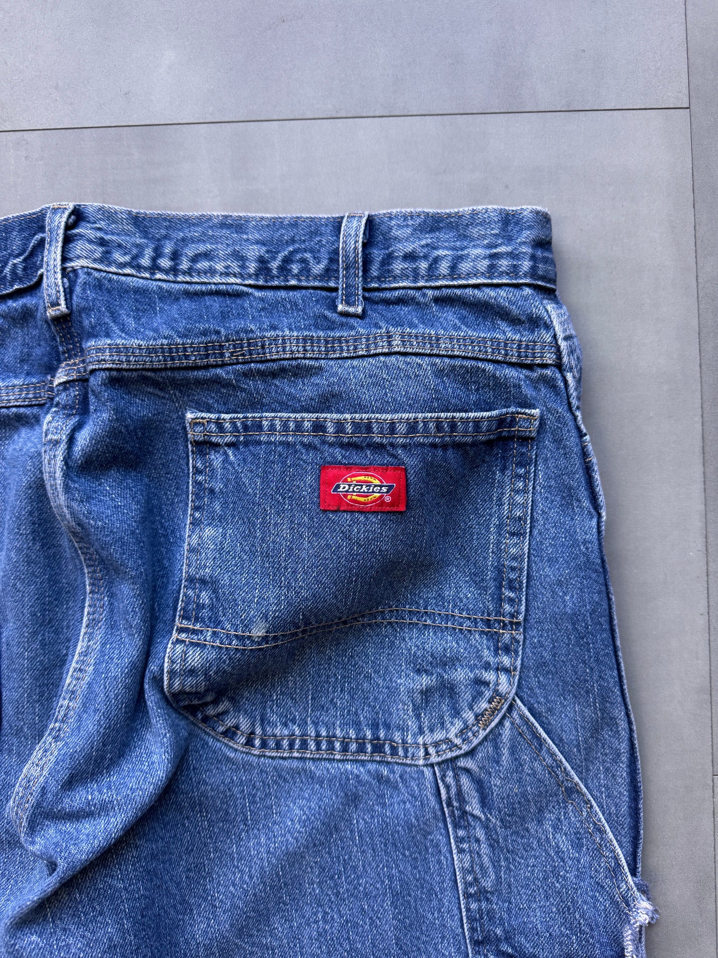 VINTAGE DICKIES LIGHT WASHED DISTRESSED DENIM CARPENTER PANTS - 32
