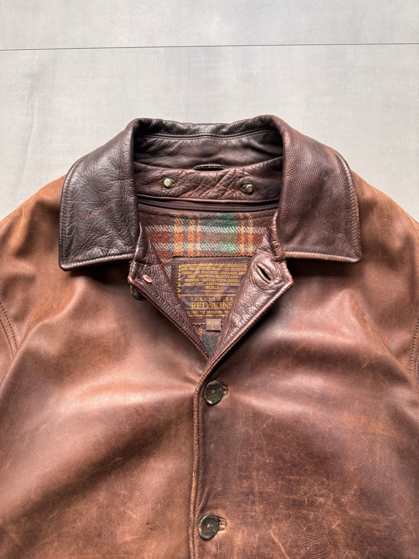 VINTAGE REDSKINS BROWN AGED LEATHER JACKET - XLARGE