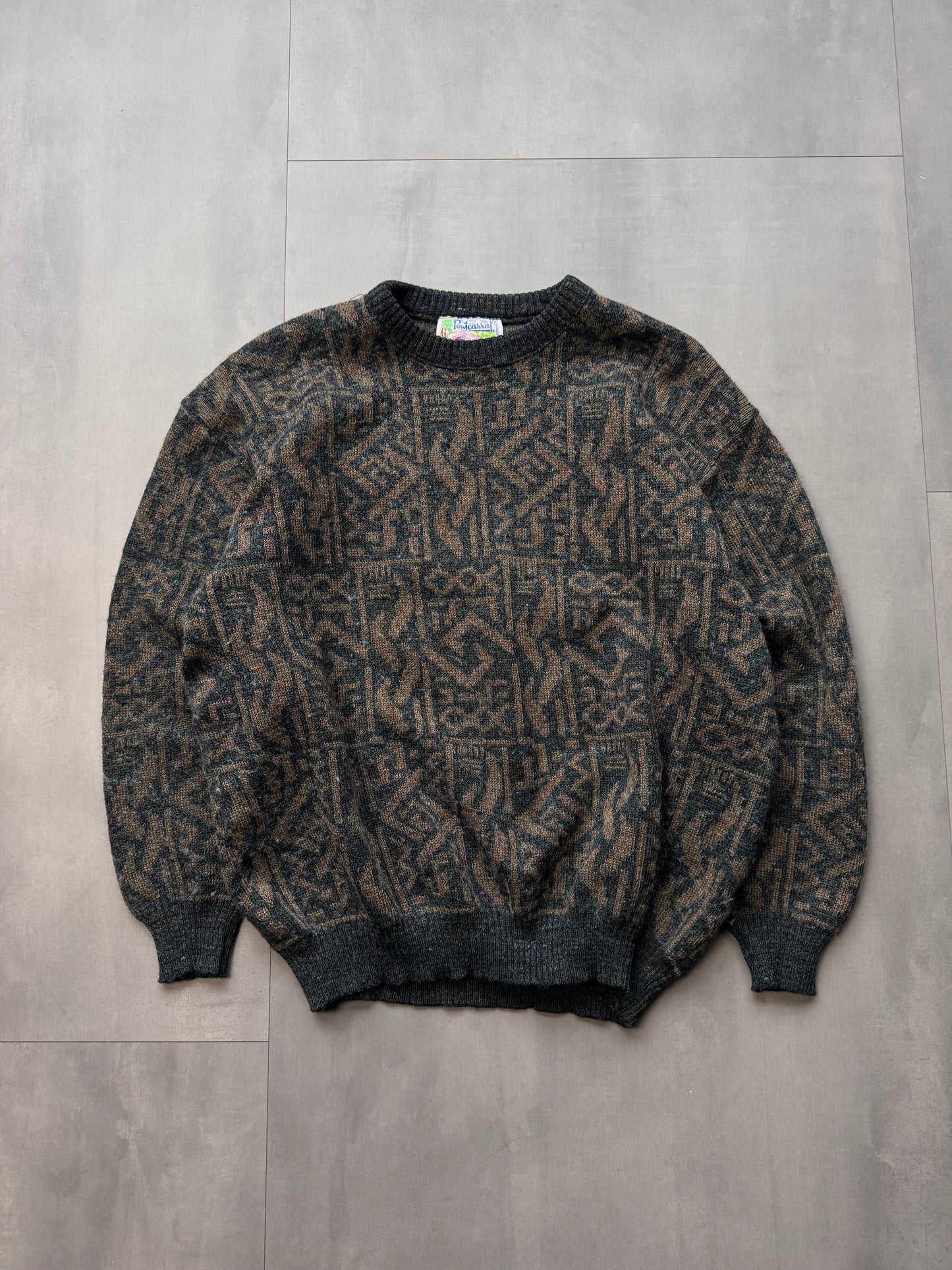 VINTAGE DARK GREEN/BROWN KNIT SWEATER - LARGE