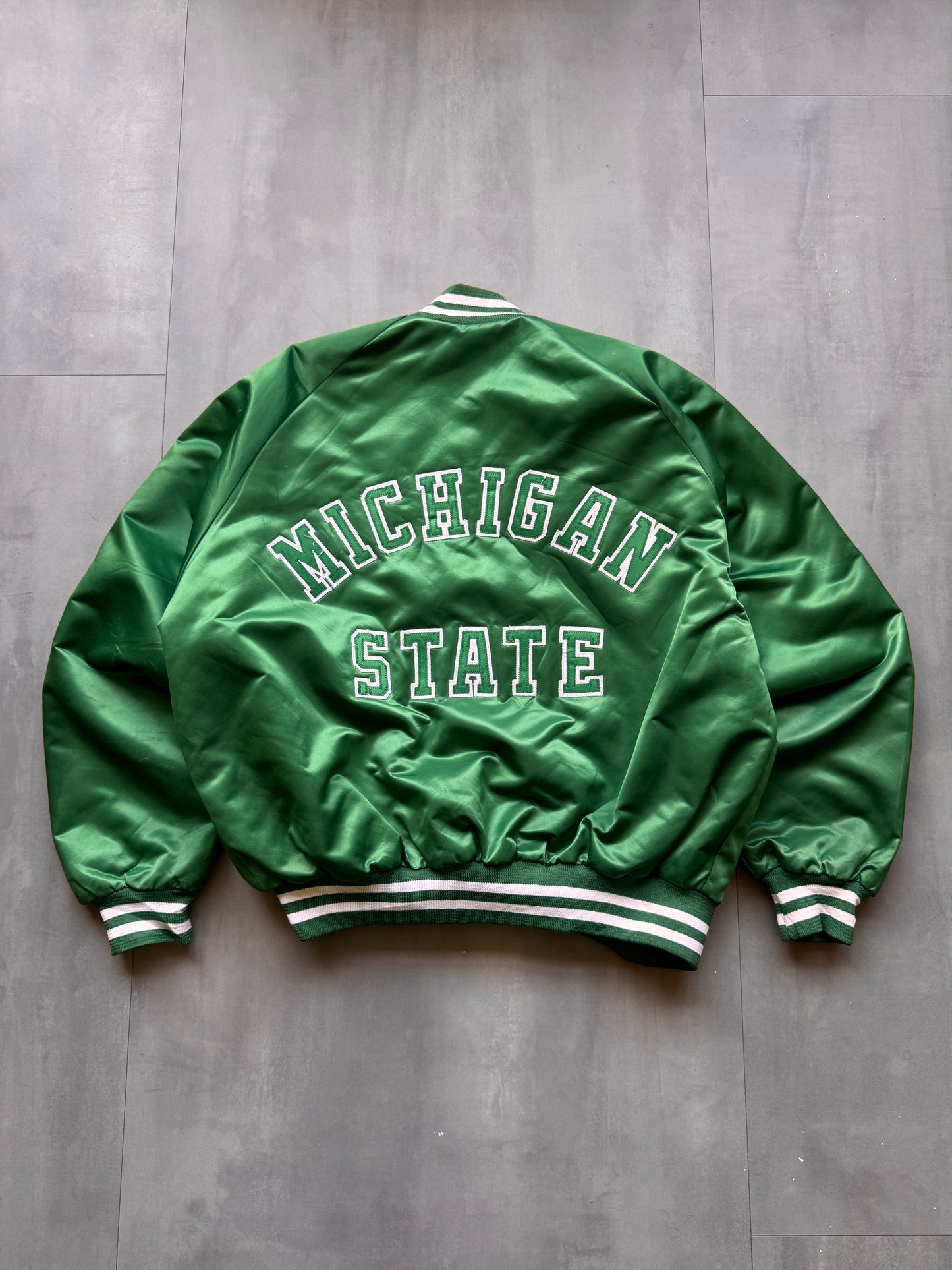 VINTAGE CHALKLINE MICHIGAN STATE SPARTANS GREEN SATIN BOMBER JACKET - XL