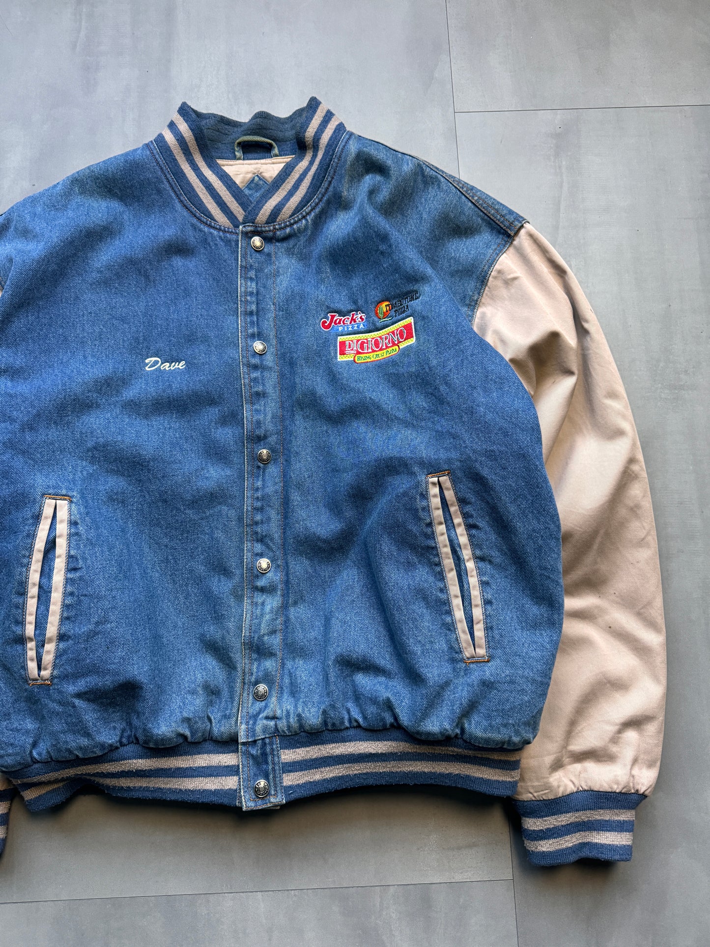 'PIZZA DI GIORNO' PADDED DENIM BASEBALL JACKET - XLARGE