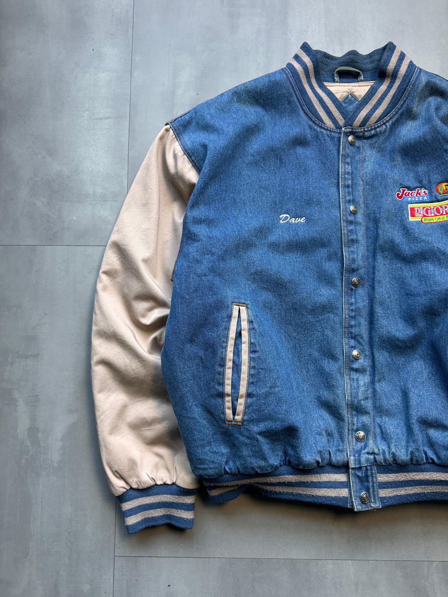 'PIZZA DI GIORNO' PADDED DENIM BASEBALL JACKET - XLARGE