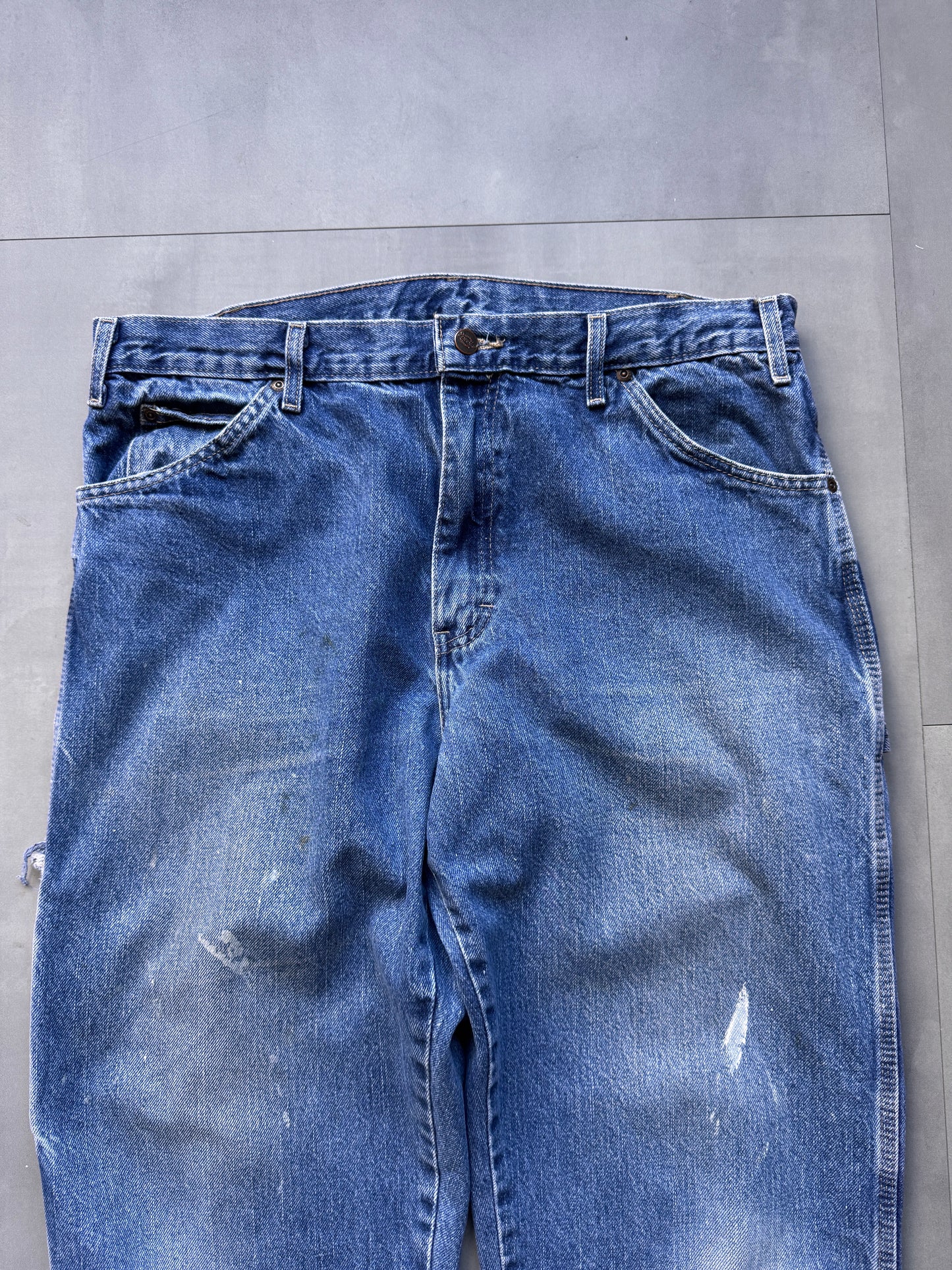 VINTAGE DICKIES LIGHT WASHED DISTRESSED DENIM CARPENTER PANTS - 32