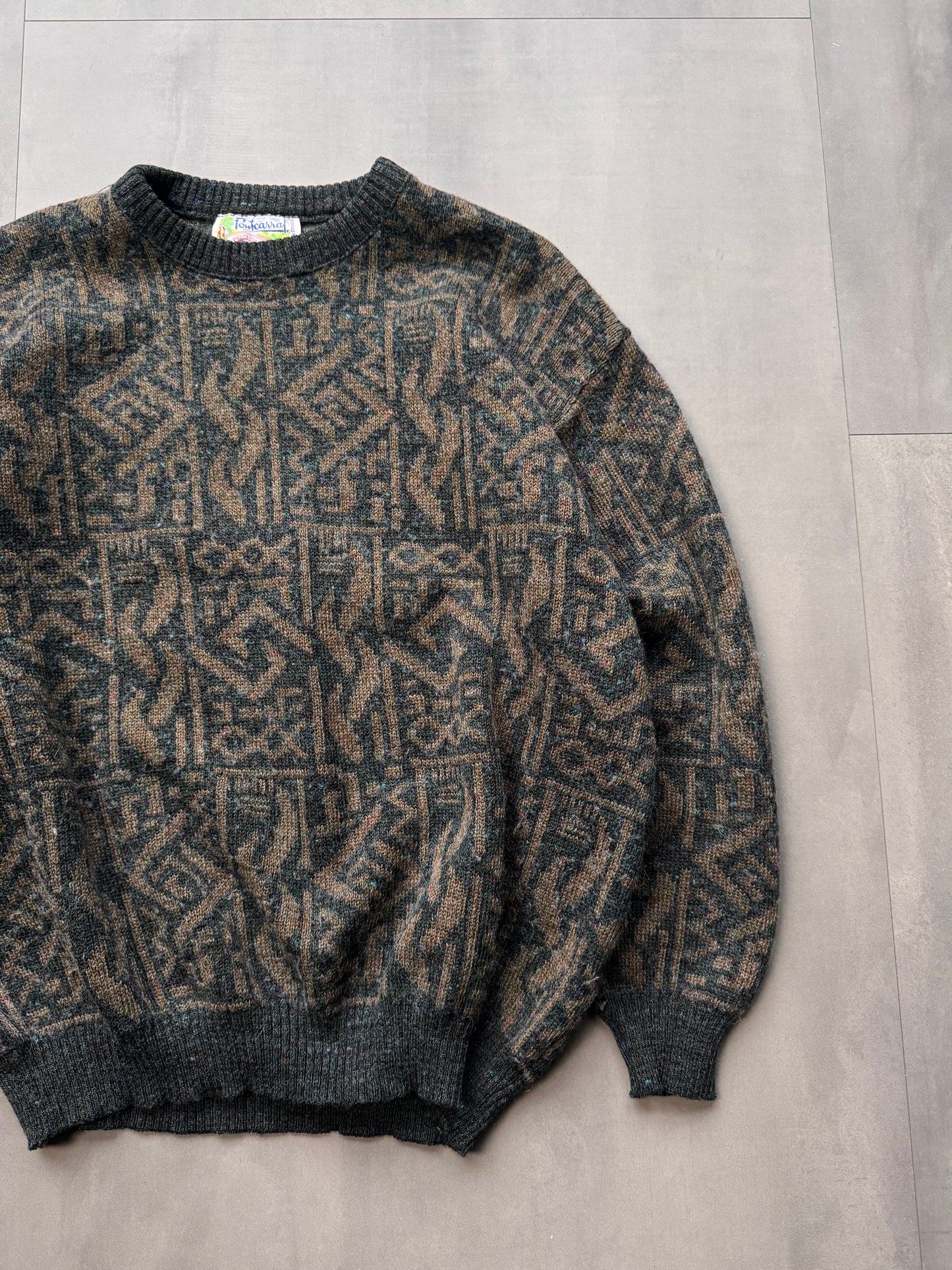 VINTAGE DARK GREEN/BROWN KNIT SWEATER - LARGE