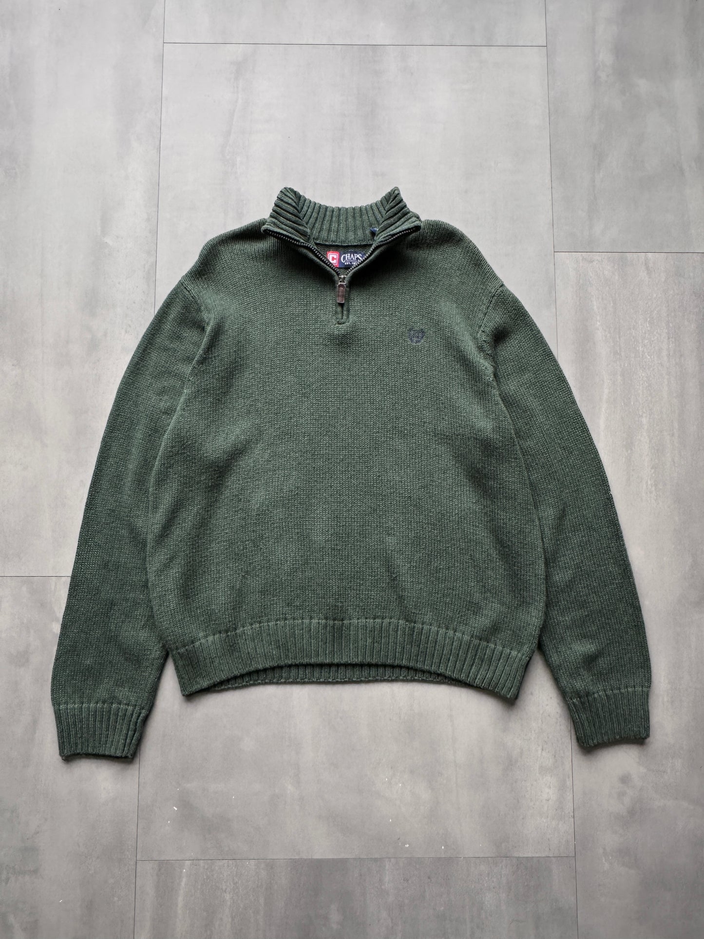 VINTAGE CHAPS GREEN 1/4 ZIP KNIT SWEATER - LARGE