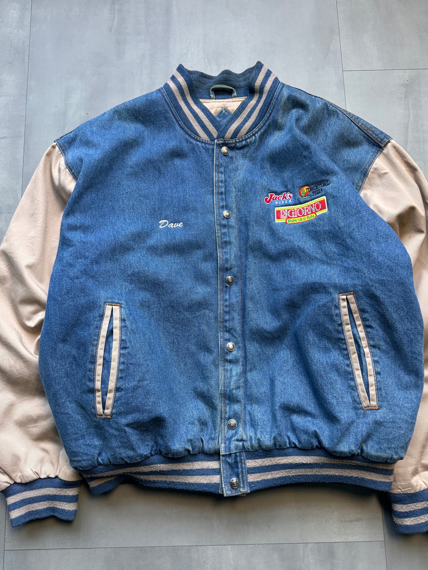 'PIZZA DI GIORNO' PADDED DENIM BASEBALL JACKET - XLARGE