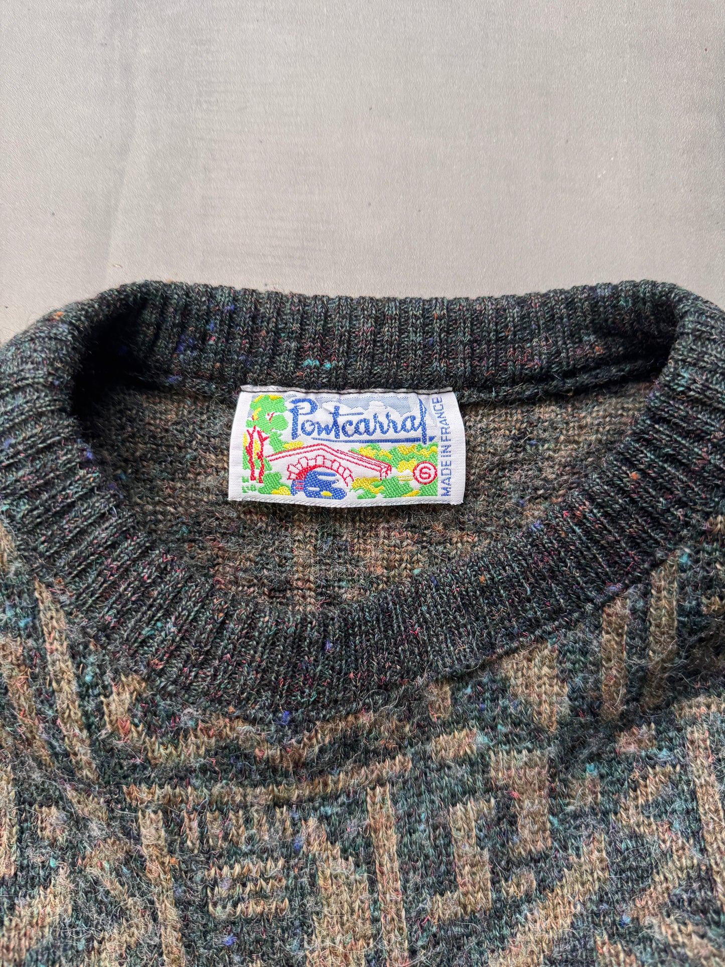 VINTAGE DARK GREEN/BROWN KNIT SWEATER - LARGE