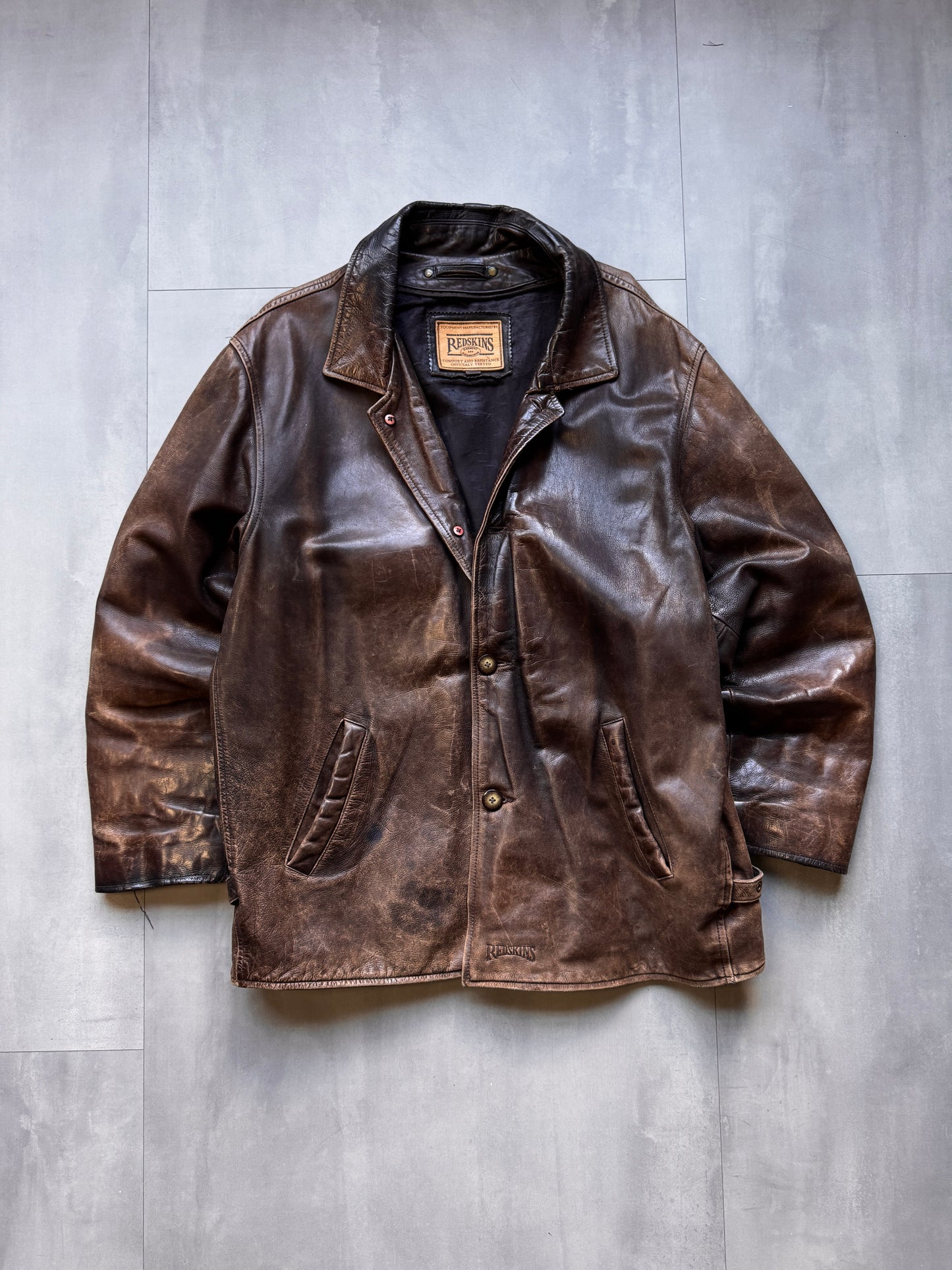 VINTAGE REDSKINS BROWN AGED LEATHER TRENCH COAT JACKET - XLARGE