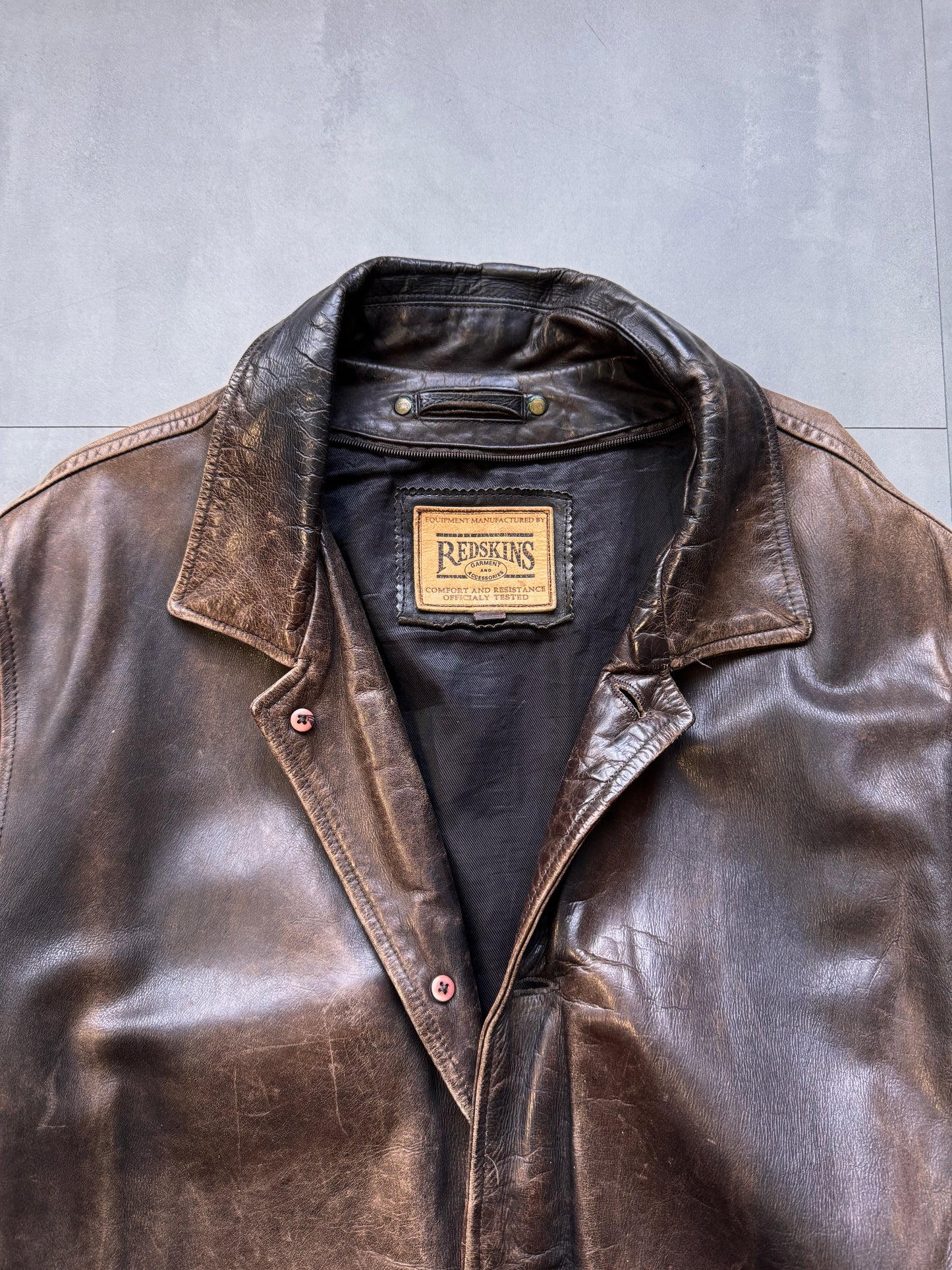 VINTAGE REDSKINS BROWN AGED LEATHER TRENCH COAT JACKET - XLARGE