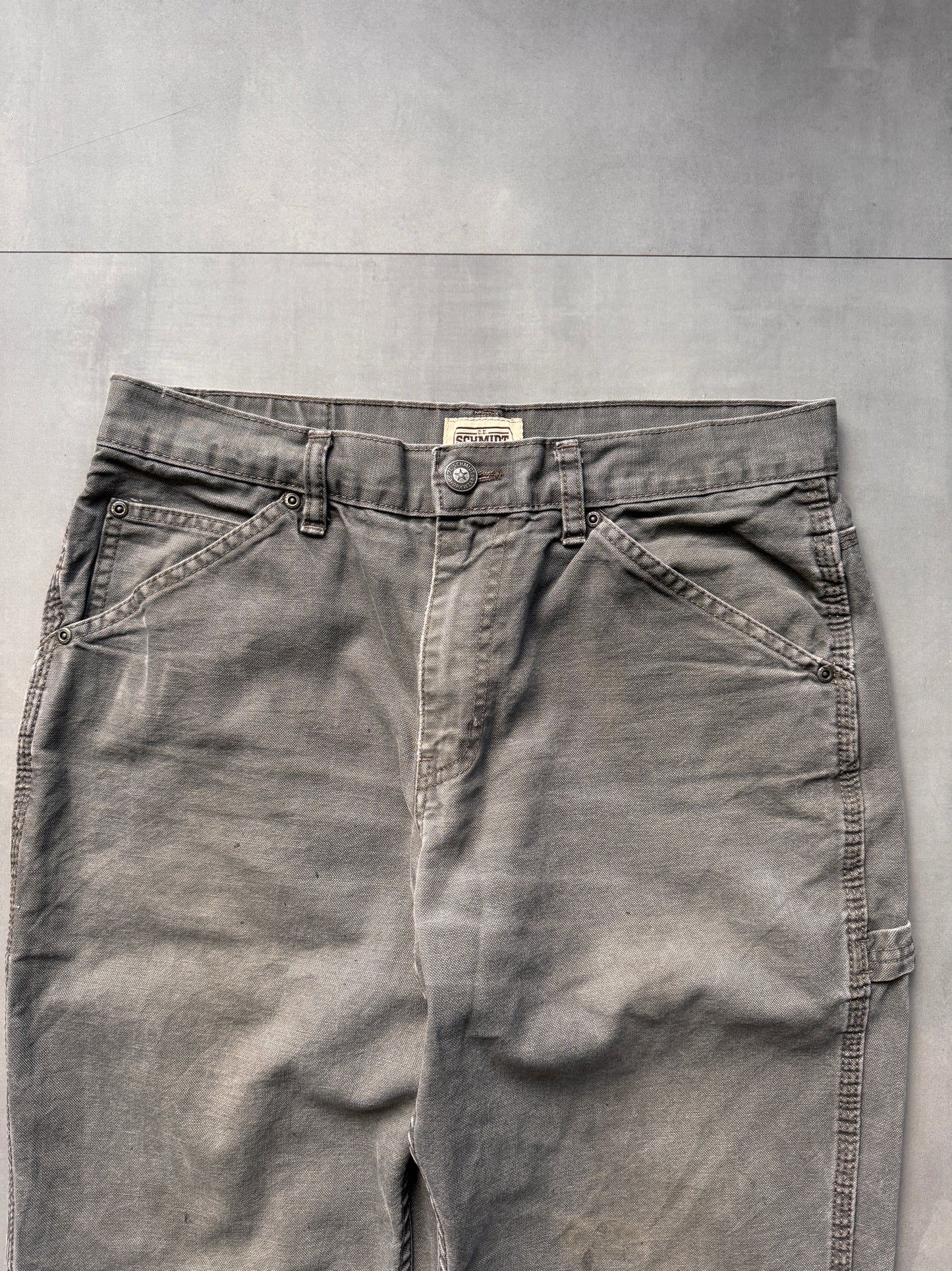 VINTAGE SCHMIDT DISTRESSED FADED GREY CARPENTER PANTS - 32