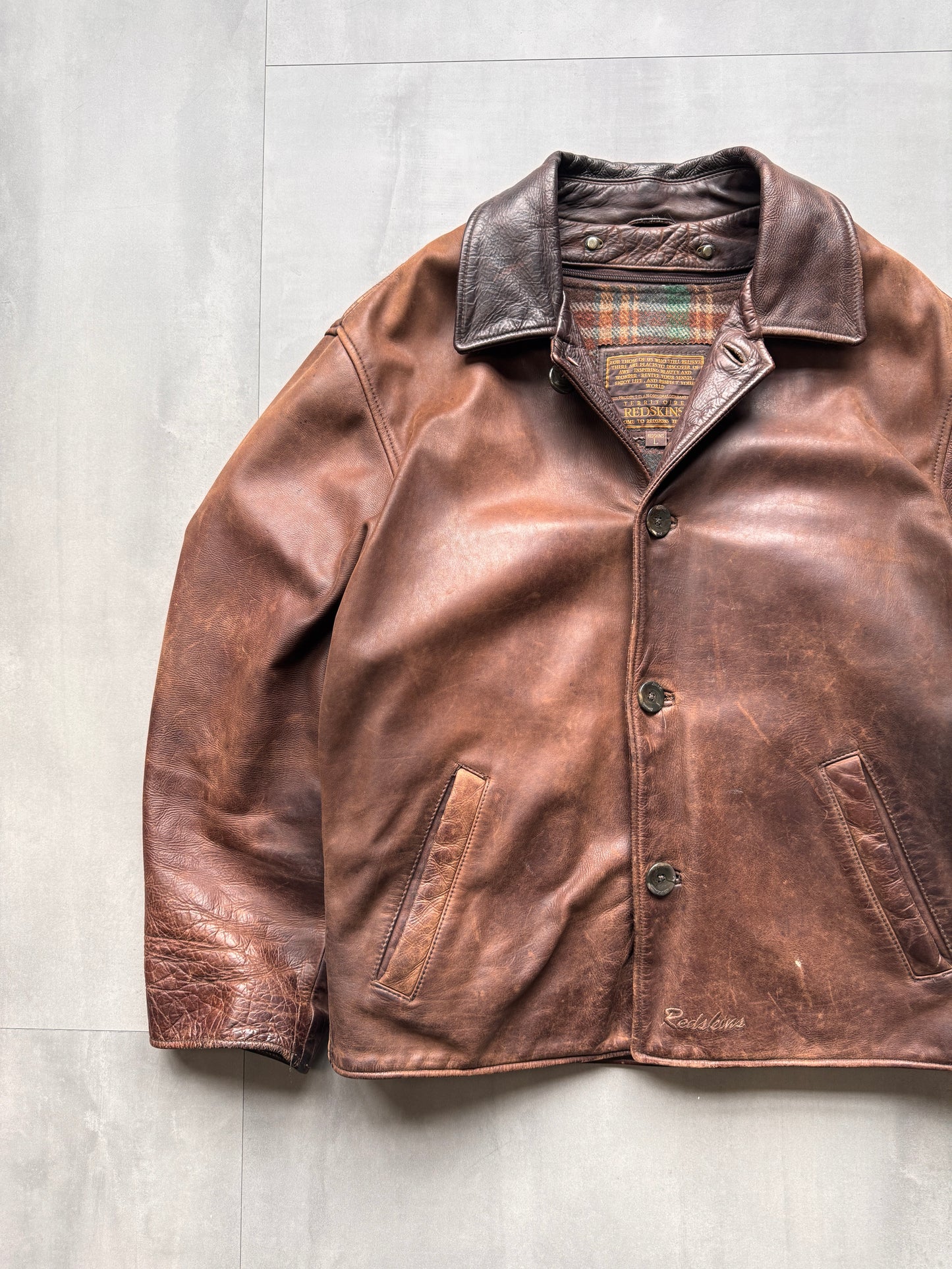 VINTAGE REDSKINS BROWN AGED LEATHER JACKET - XLARGE