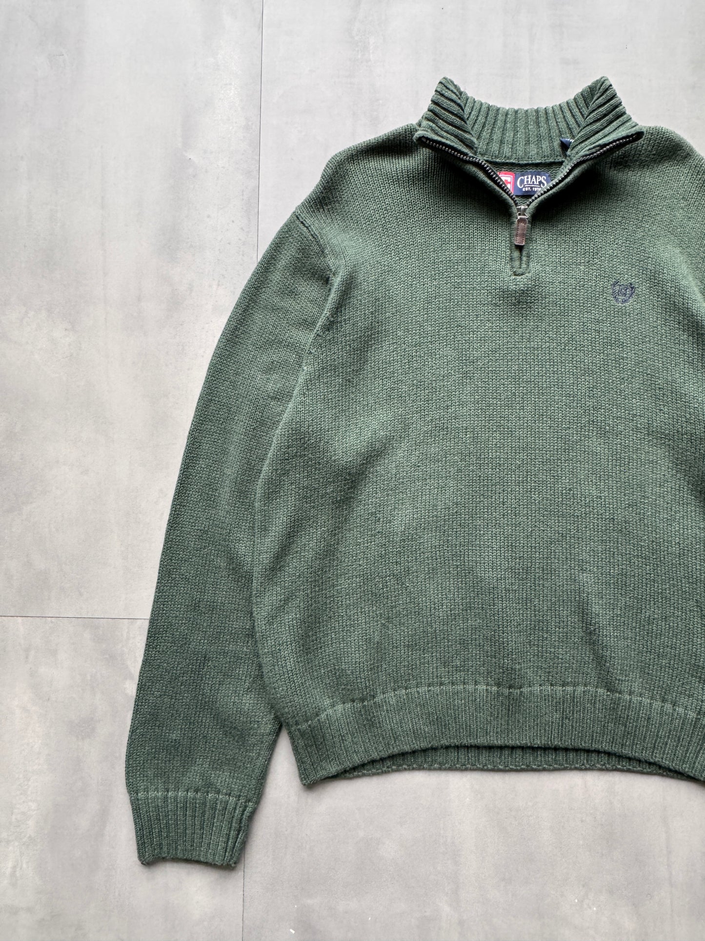 VINTAGE CHAPS GREEN 1/4 ZIP KNIT SWEATER - LARGE