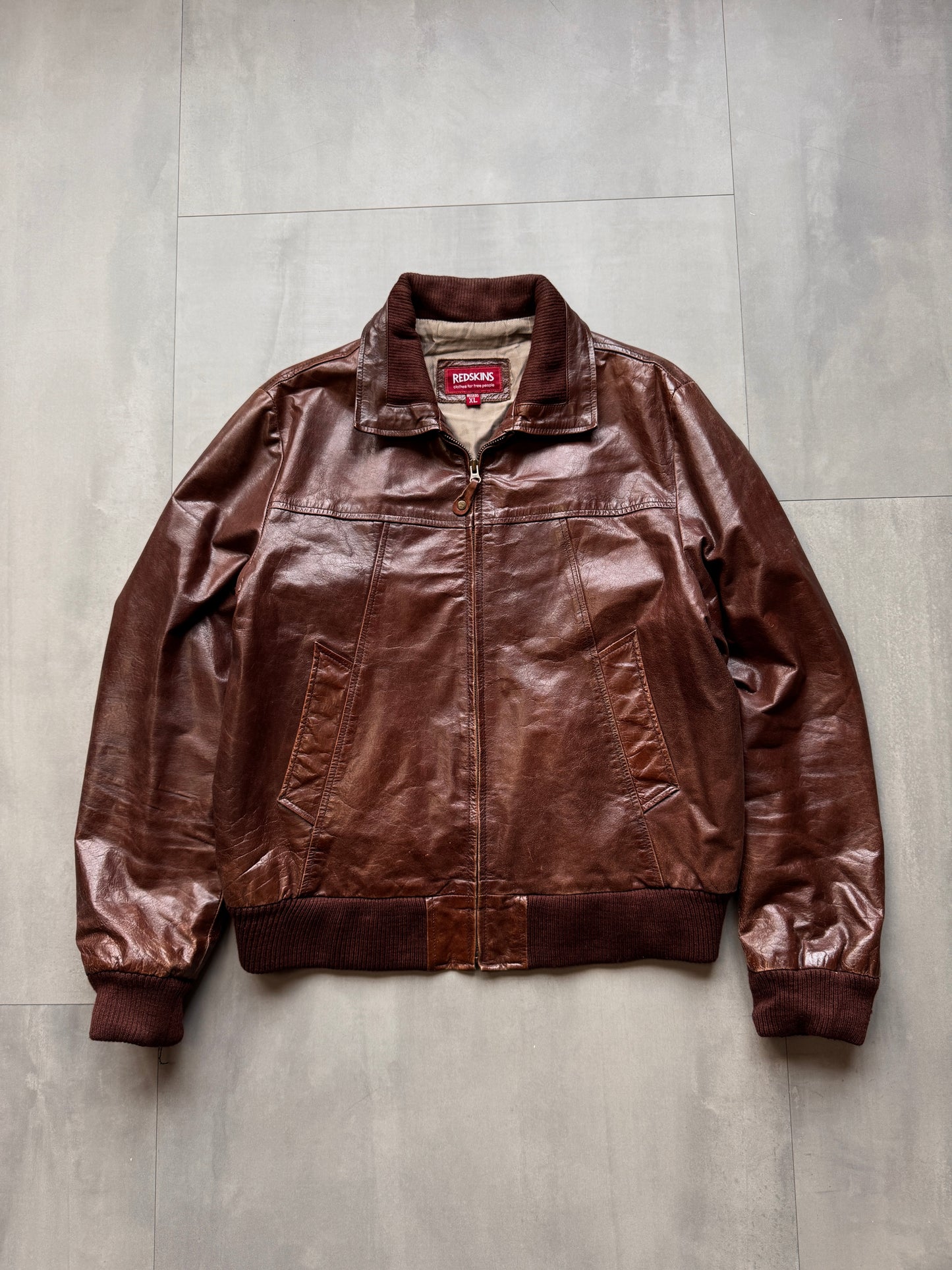 VINTAGE REDSKINS BROWN LEATHER JACKET - LARGE