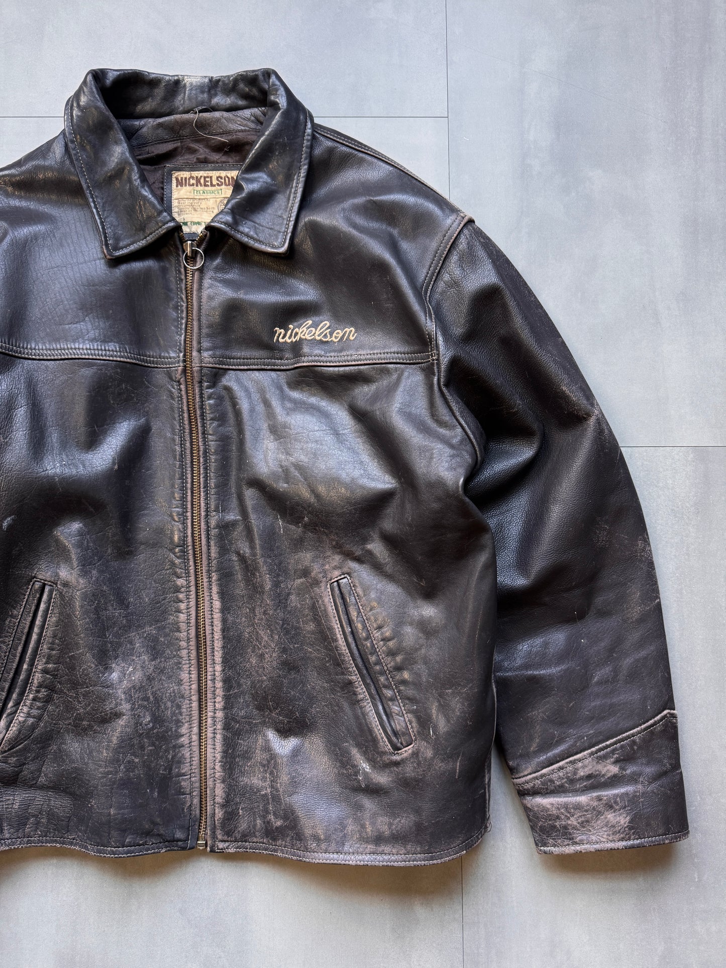 VINTAGE NICKELSON AGED DARK BROWN LEATHER JACKET - XLARGE
