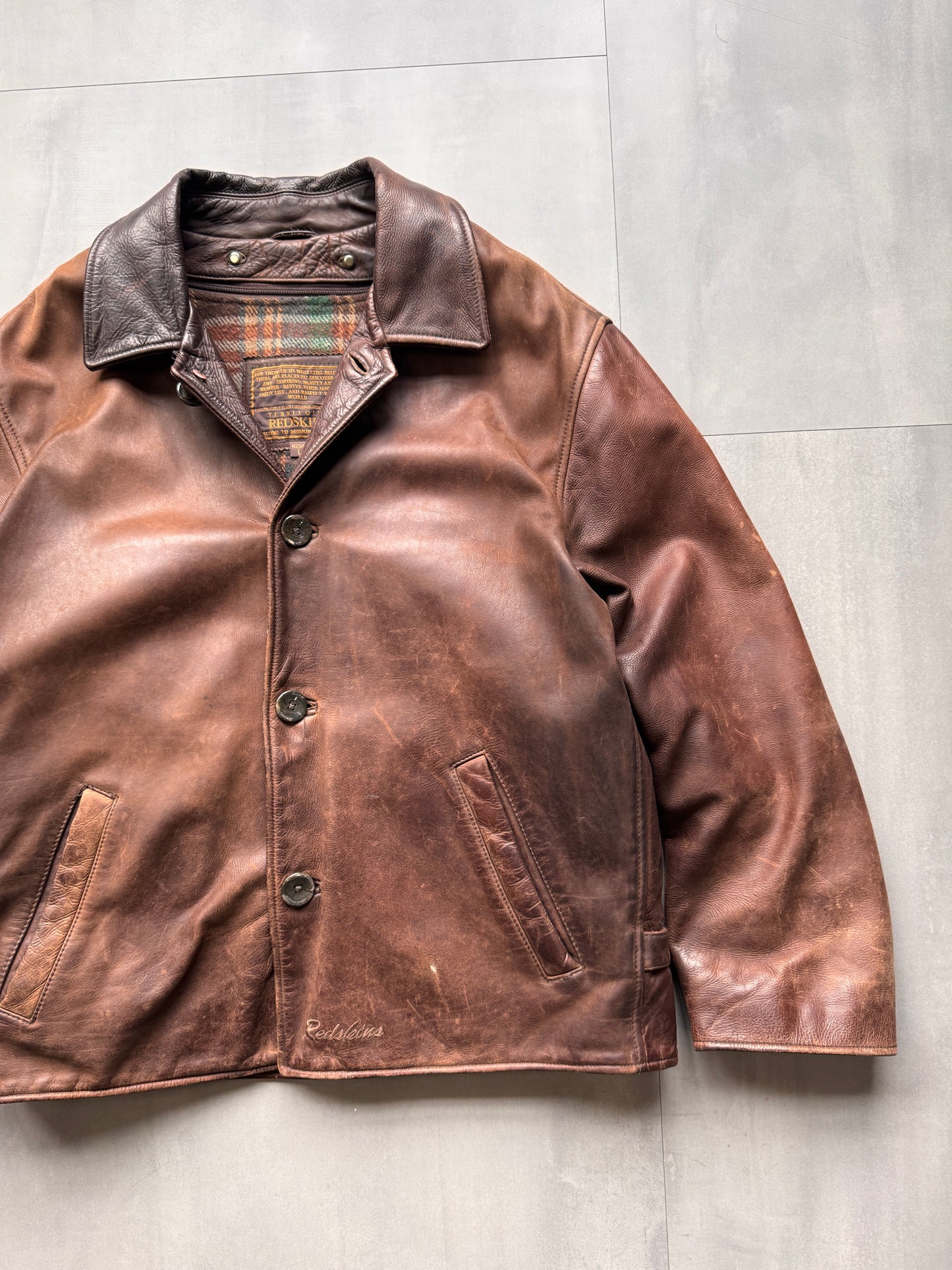VINTAGE REDSKINS BROWN AGED LEATHER JACKET - XLARGE