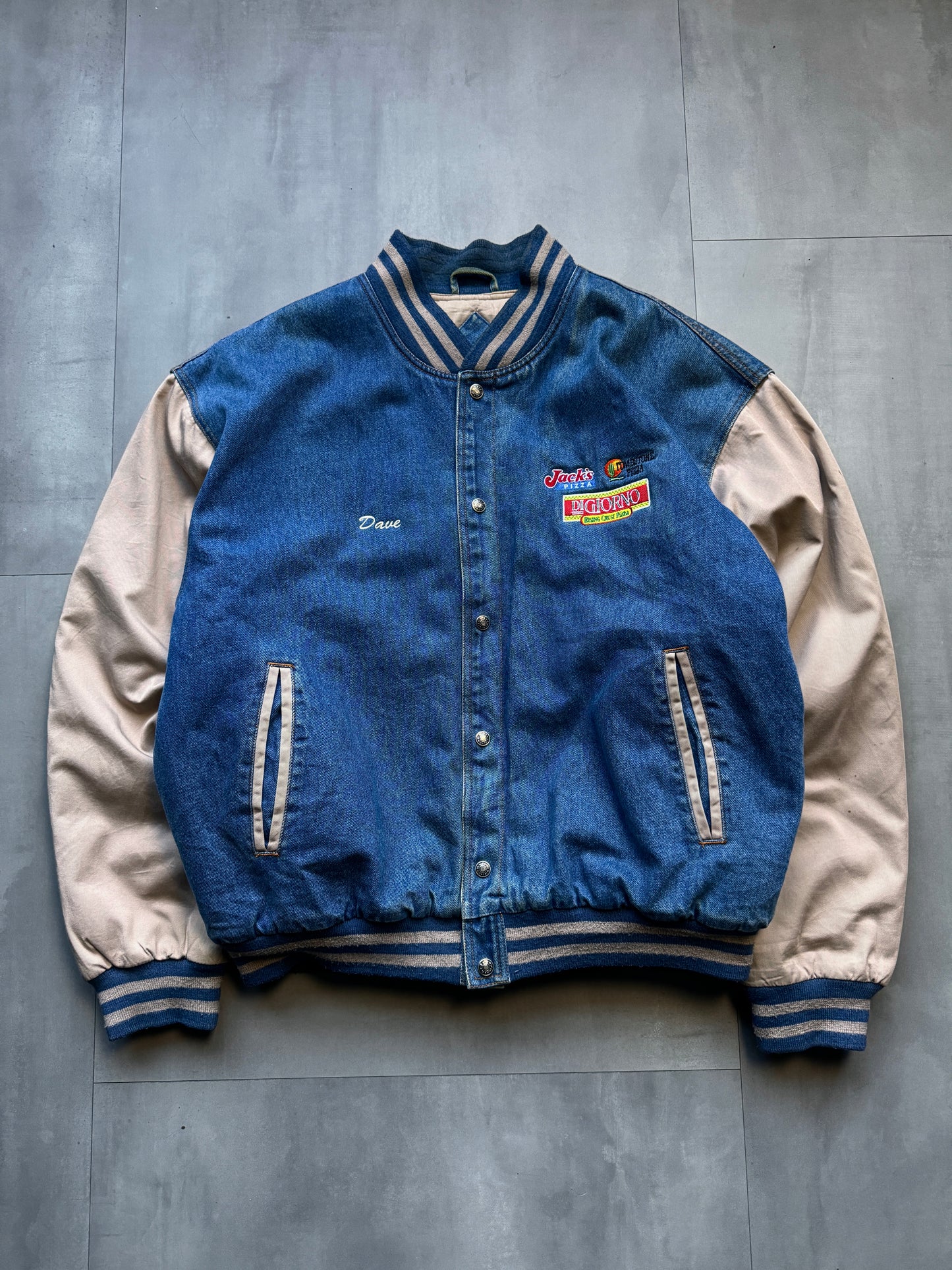 'PIZZA DI GIORNO' PADDED DENIM BASEBALL JACKET - XLARGE