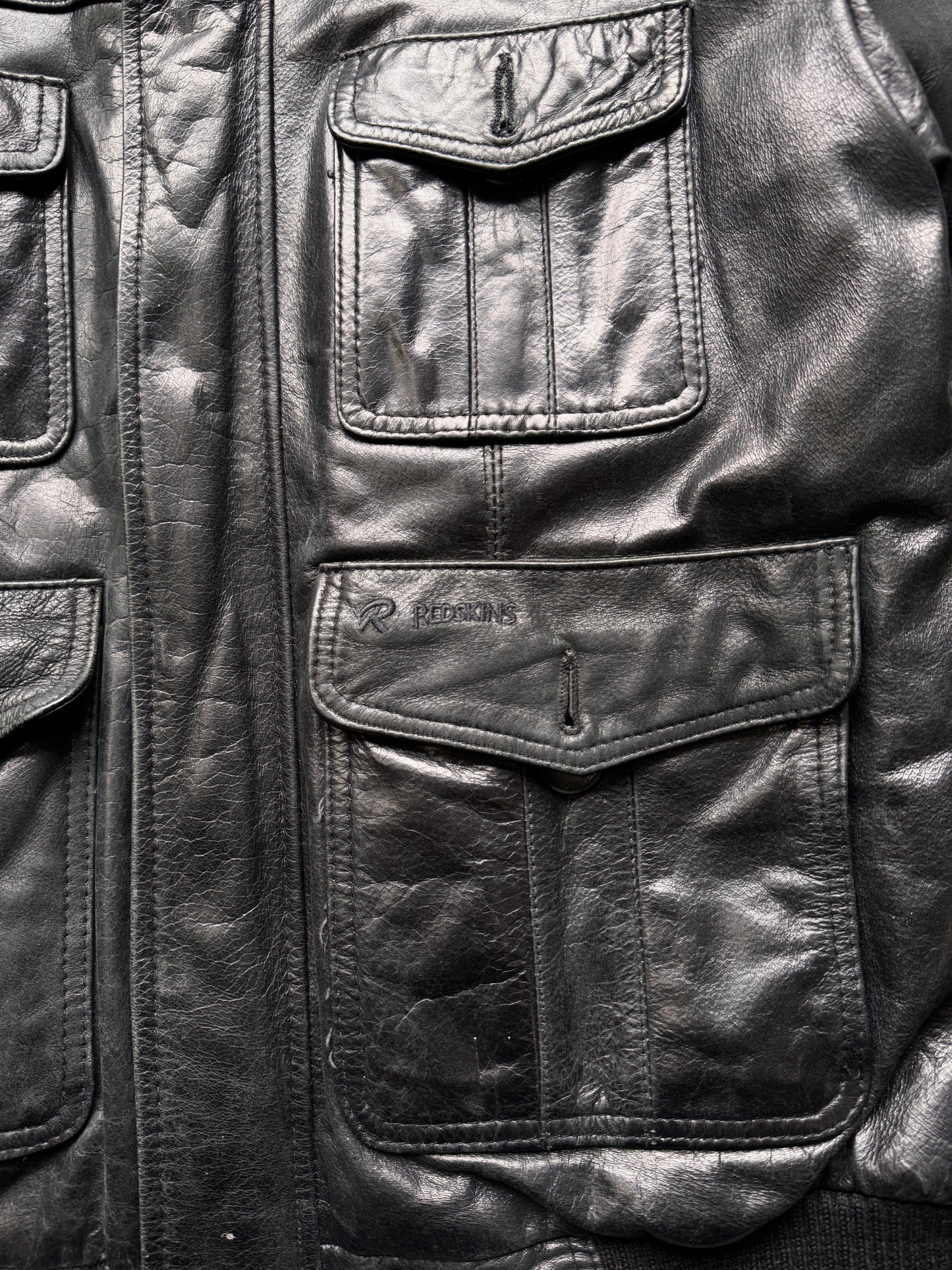 VINTAGE REDSKINS BLACK LEATHER JACKET - LARGE