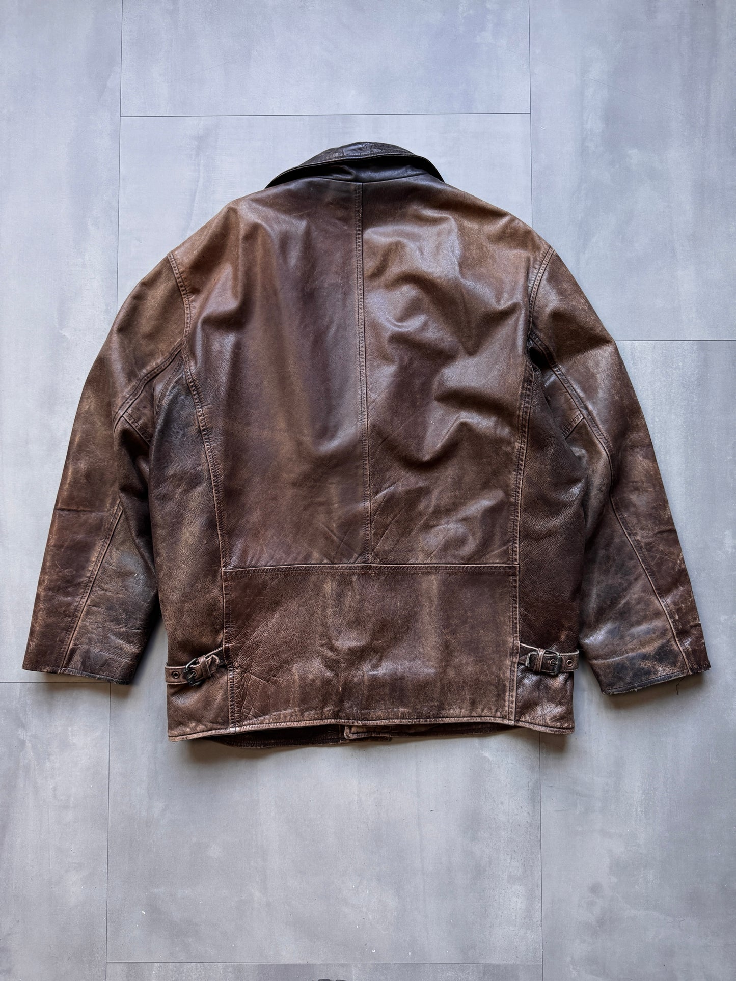 VINTAGE REDSKINS BROWN AGED LEATHER TRENCH COAT JACKET - XLARGE