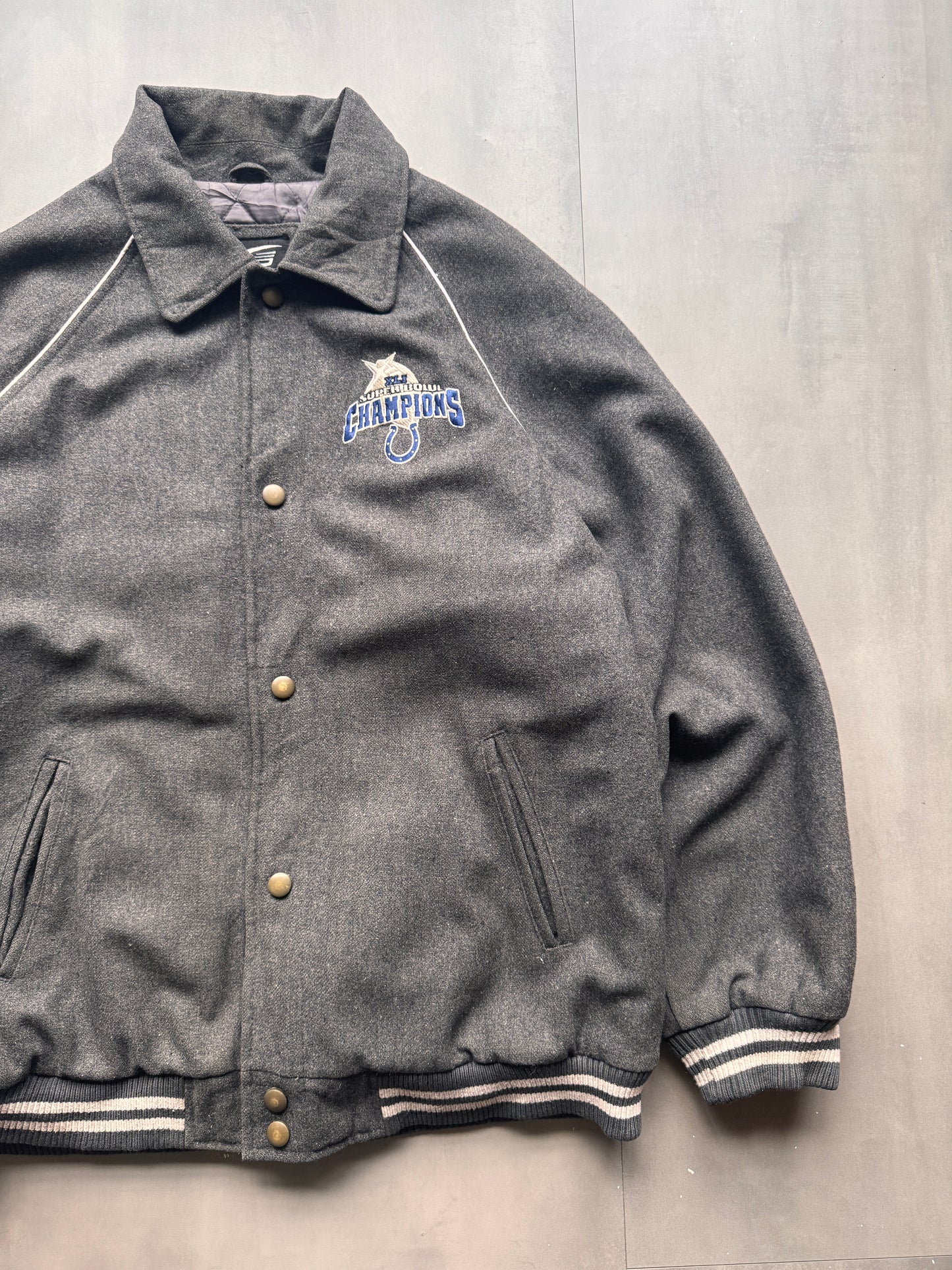VINTAGE NFL INDIANAPOLIS COLTS GREY WOOL VARSITY JACKET - XXL