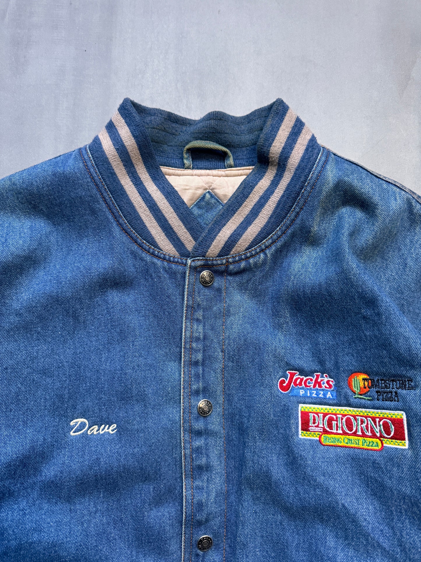 'PIZZA DI GIORNO' PADDED DENIM BASEBALL JACKET - XLARGE