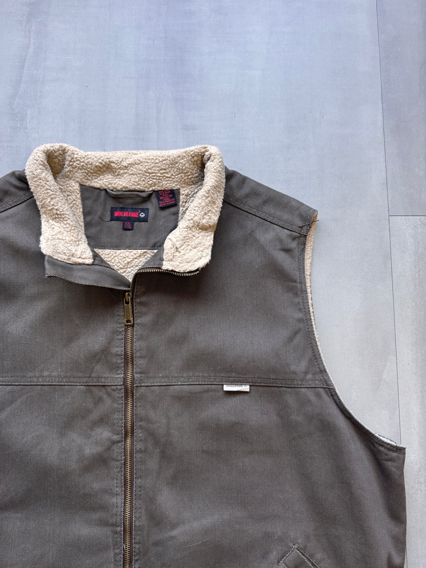 VINTAGE WOLVERINE SHERPA LINED GREY BROWN GILET - XXLARGE