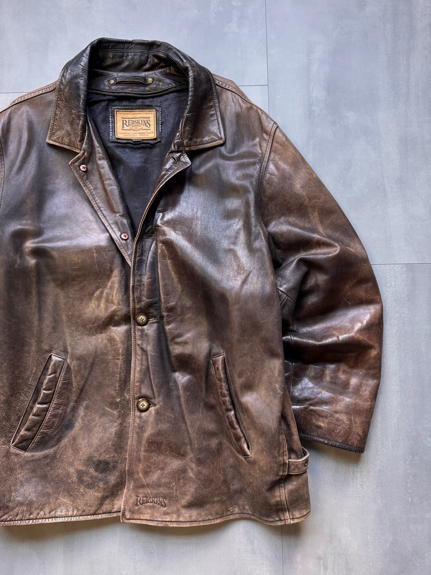 VINTAGE REDSKINS BROWN AGED LEATHER TRENCH COAT JACKET - XLARGE