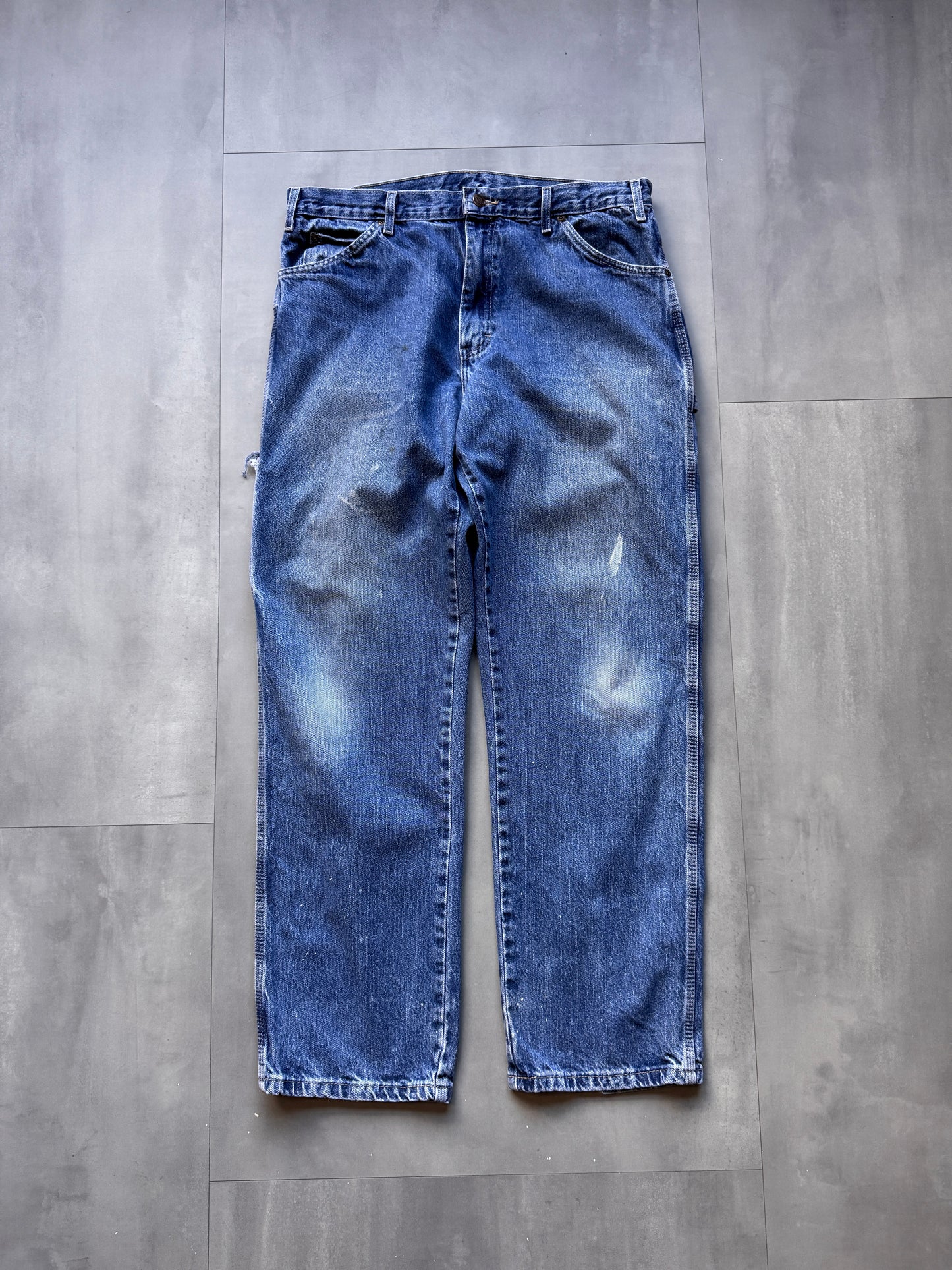 VINTAGE DICKIES LIGHT WASHED DISTRESSED DENIM CARPENTER PANTS - 32