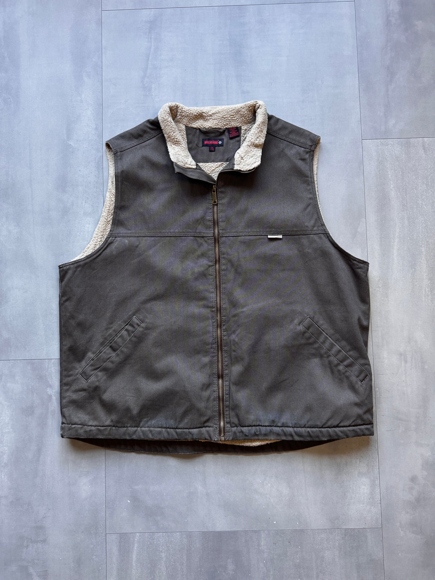 VINTAGE WOLVERINE SHERPA LINED GREY BROWN GILET - XXLARGE