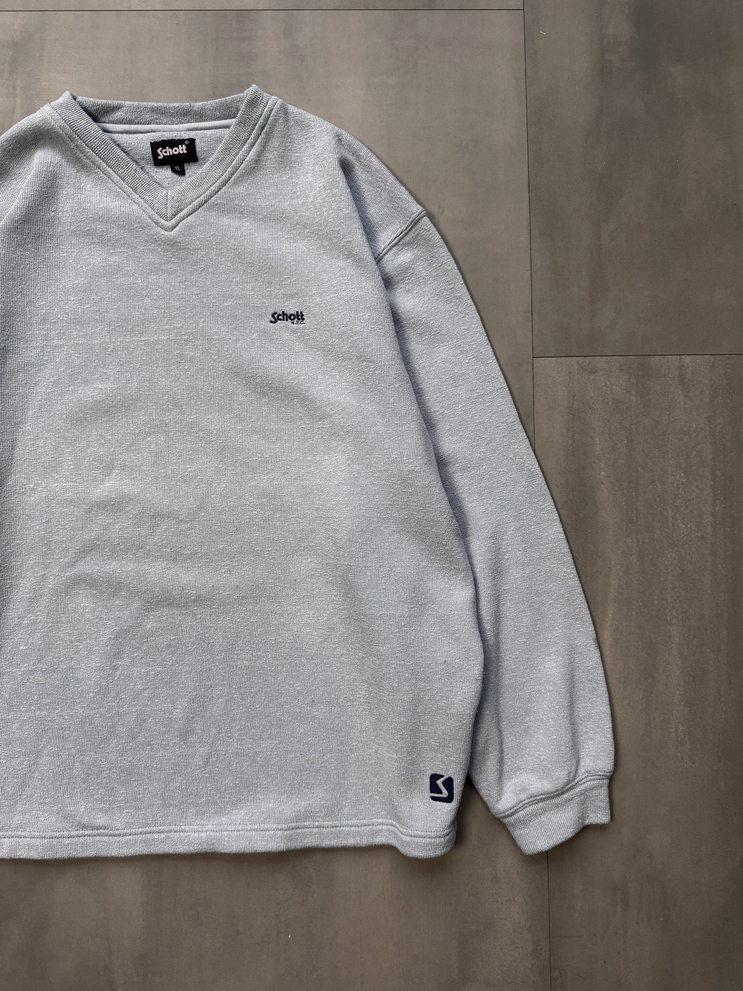 VINTAGE SCHOTT NYC LIGHT BLUE V-NECK SWEATER - LARGE