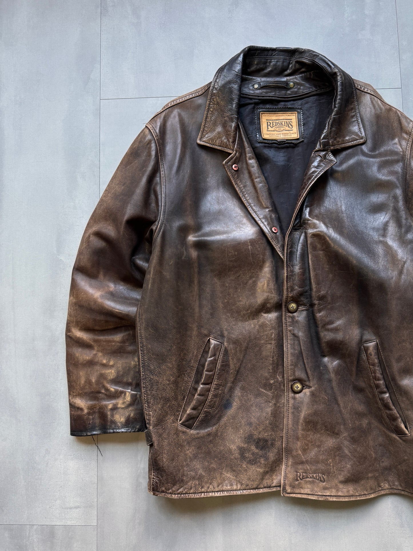 VINTAGE REDSKINS BROWN AGED LEATHER TRENCH COAT JACKET - XLARGE
