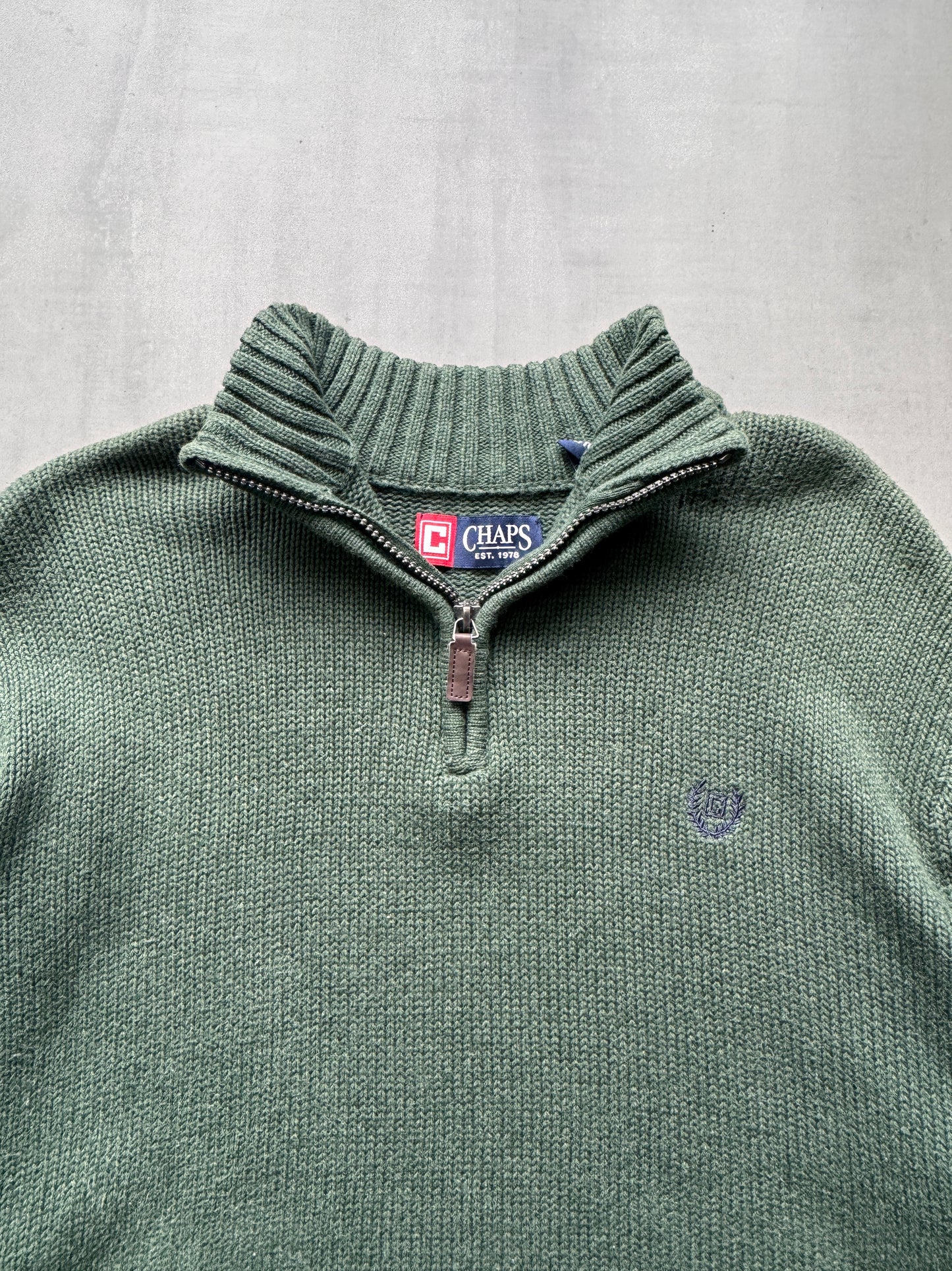 VINTAGE CHAPS GREEN 1/4 ZIP KNIT SWEATER - LARGE