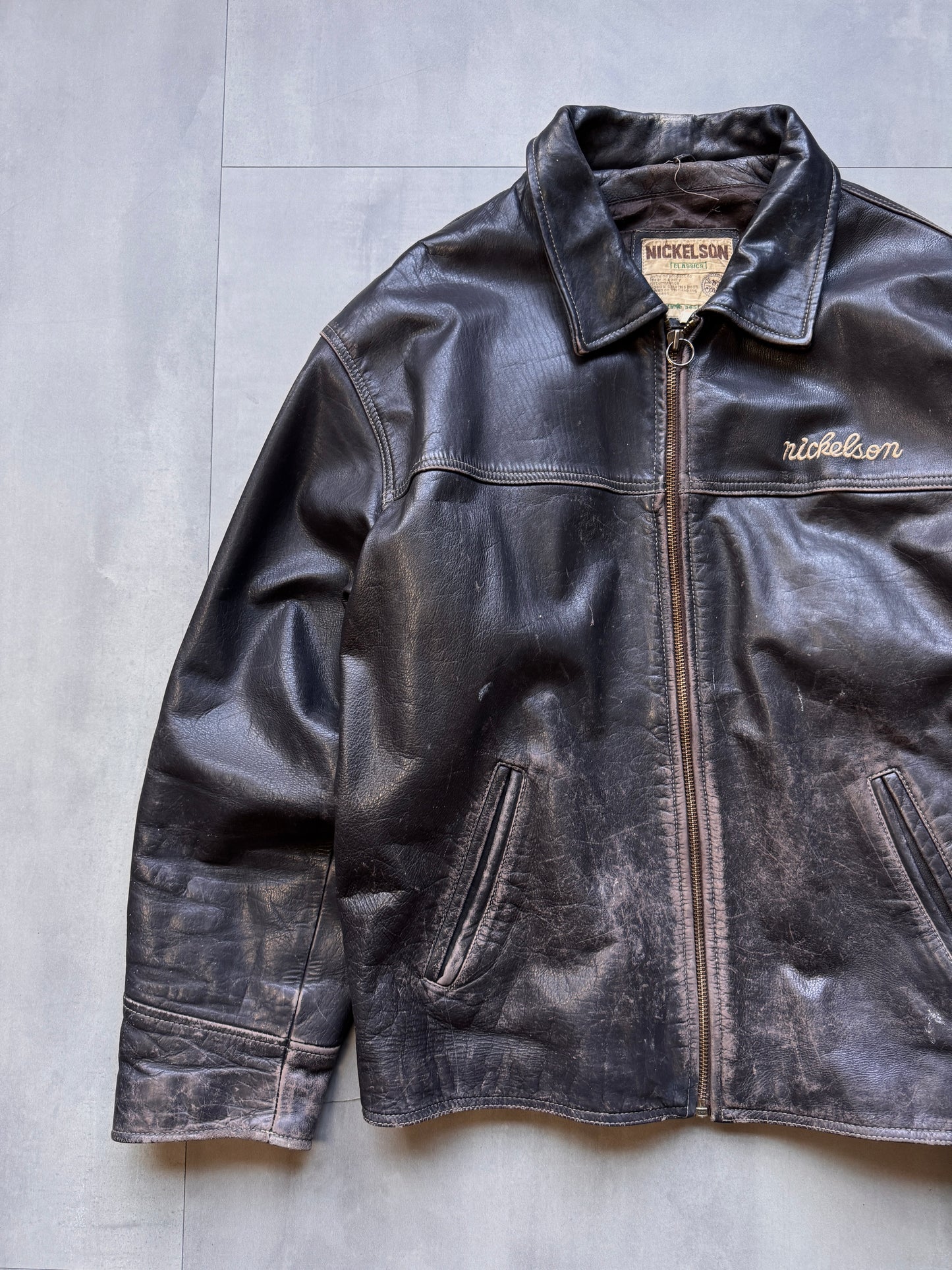 VINTAGE NICKELSON AGED DARK BROWN LEATHER JACKET - XLARGE