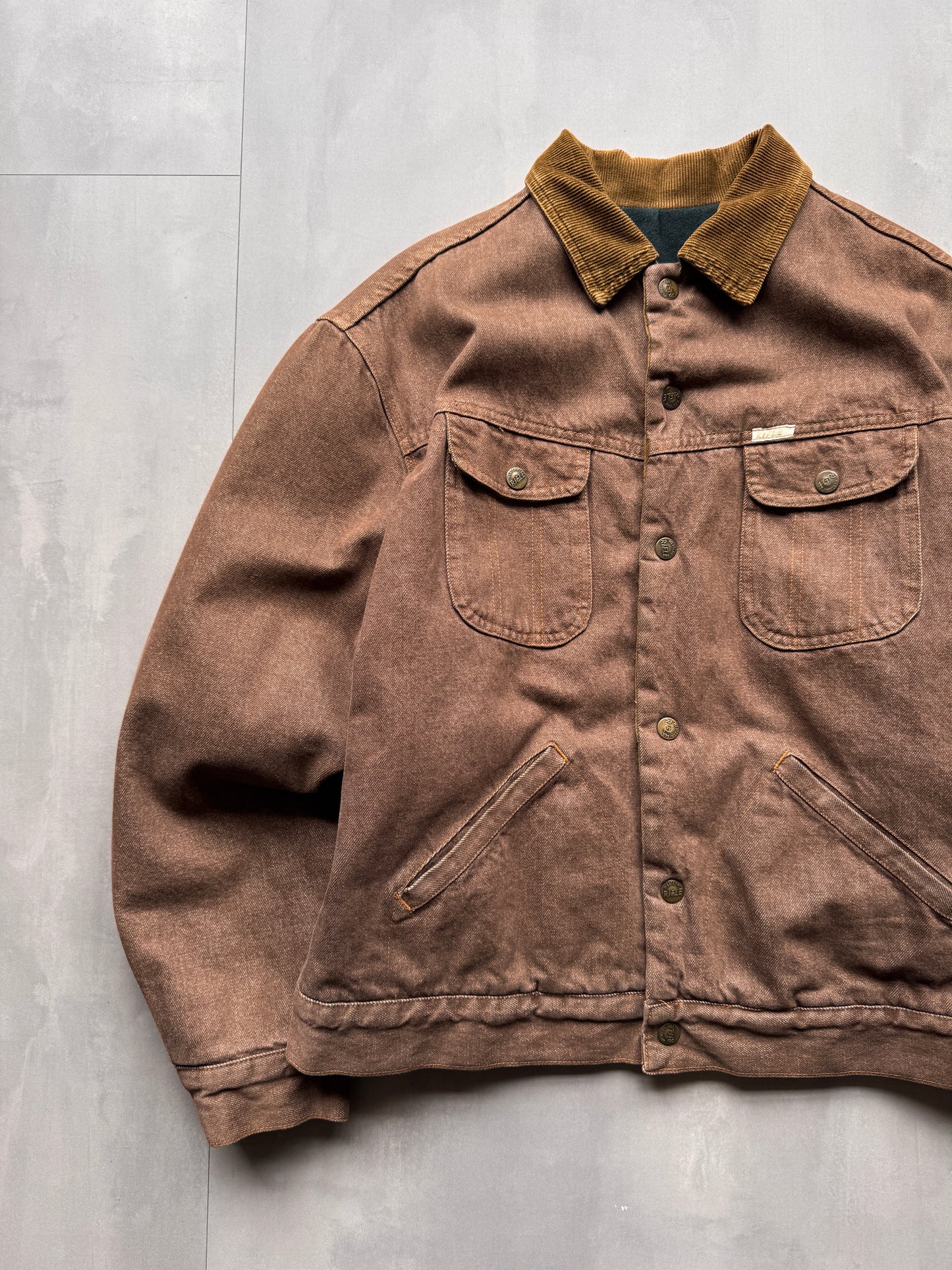VINTAGE RIFLE LINED BROWN TRUCKER JACKET - L