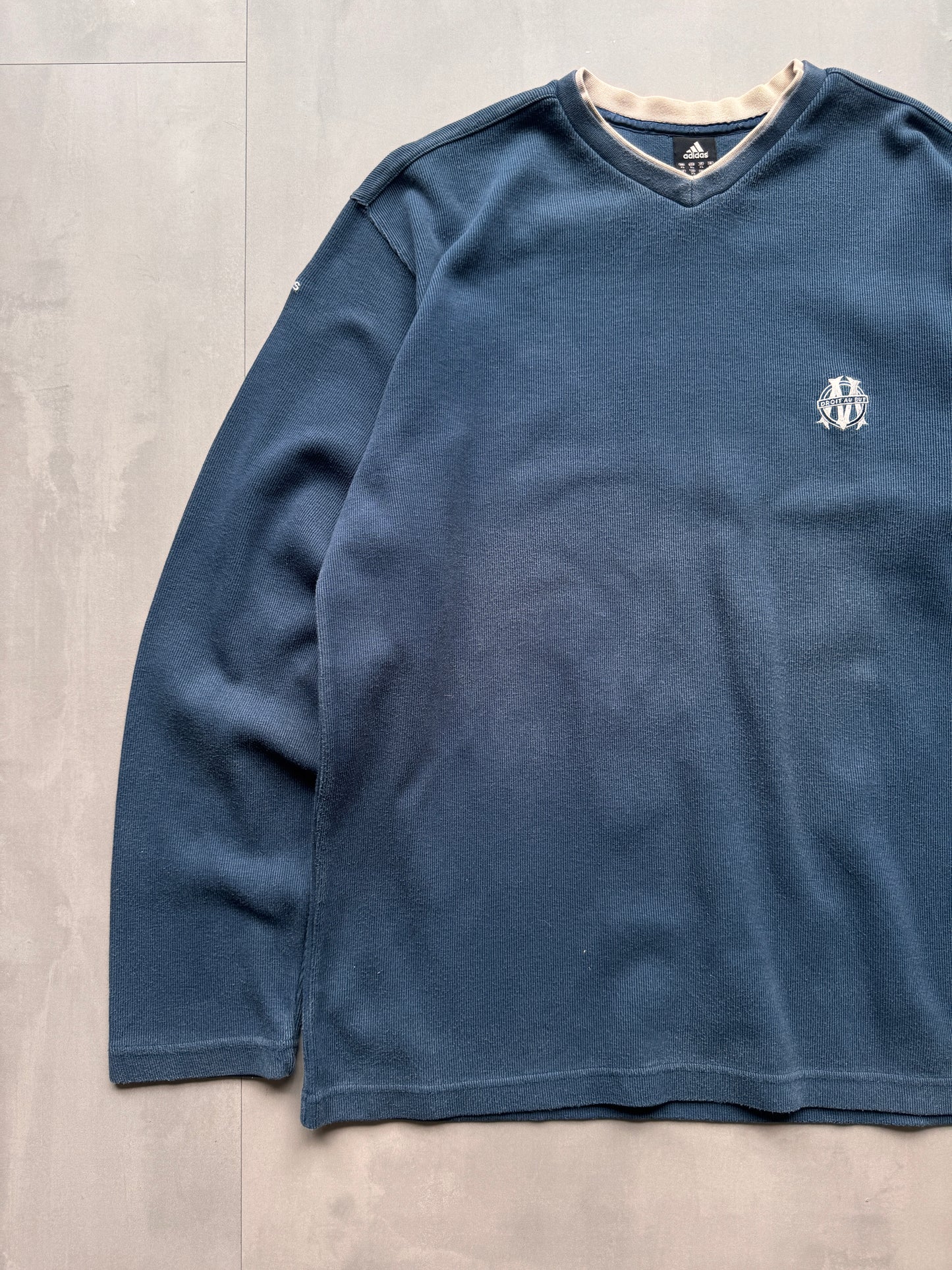VINTAGE ADIDAS OLYMPIQUE MARSEILLE RIBBED NAVY BLUE SWEATER - L