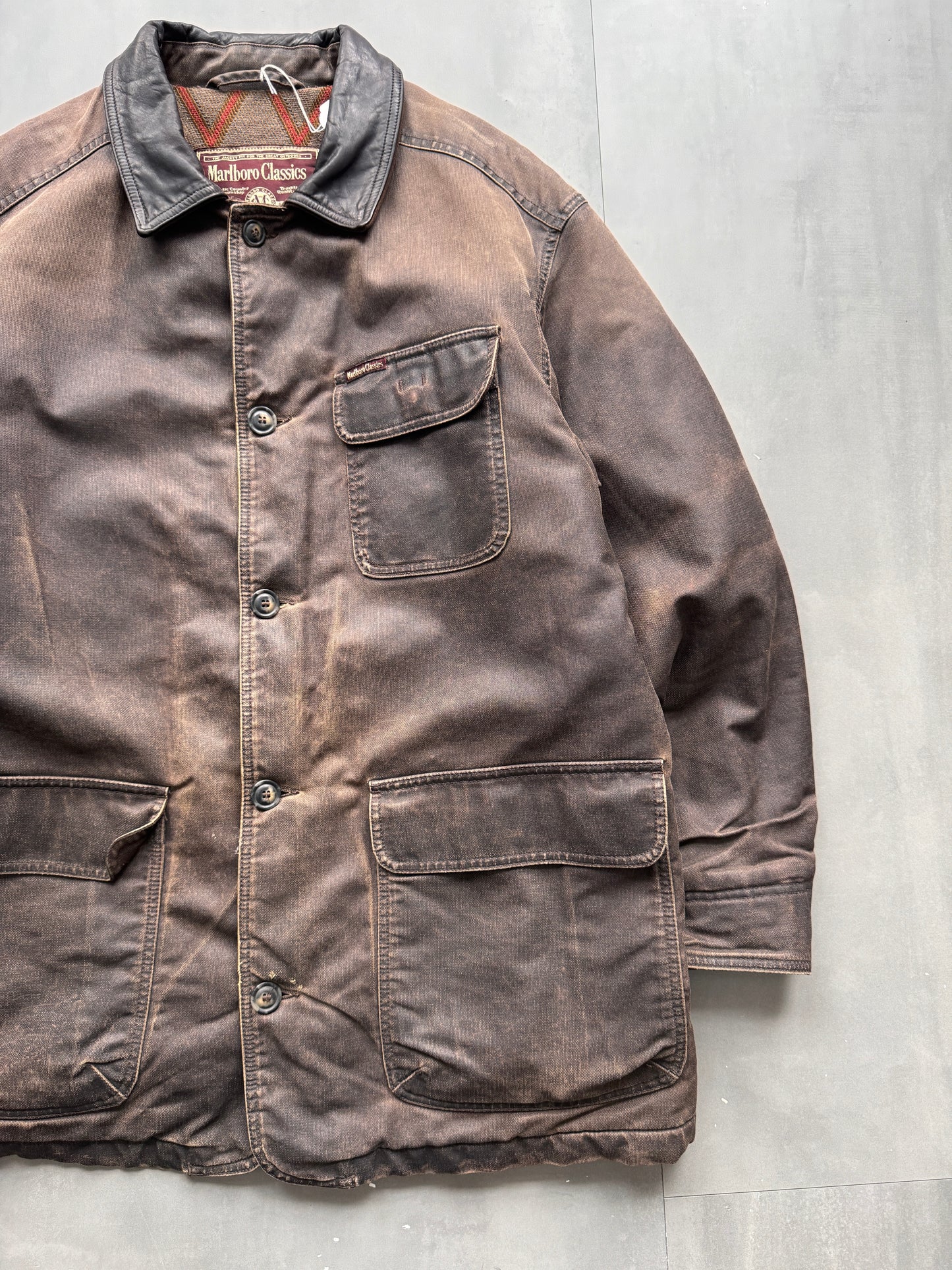 VINTAGE MARLBORO CLASSICS DARK BROWN AGED LEATHER TRENCHCOAT/JACKET - XL