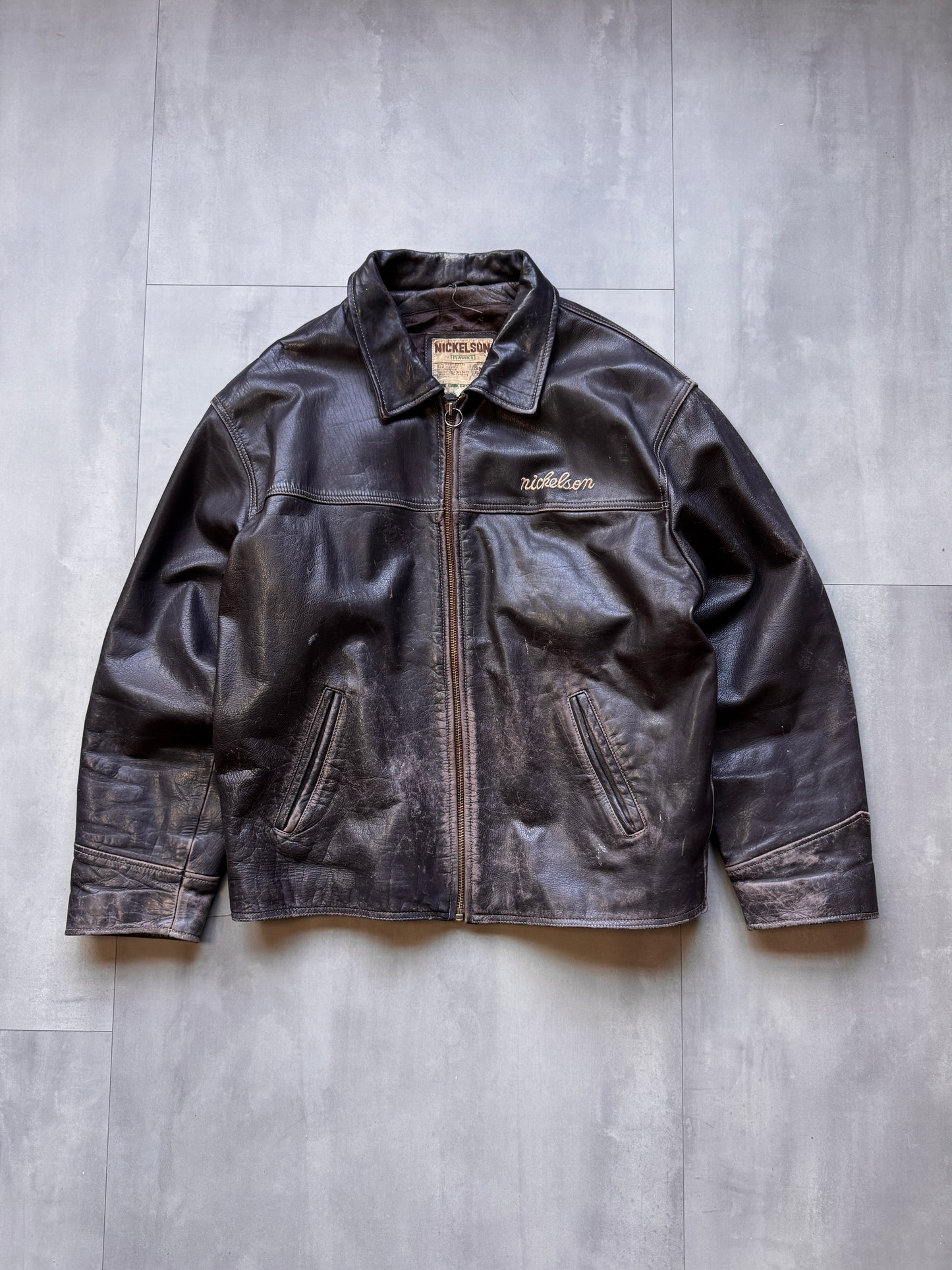 VINTAGE NICKELSON AGED DARK BROWN LEATHER JACKET - XLARGE