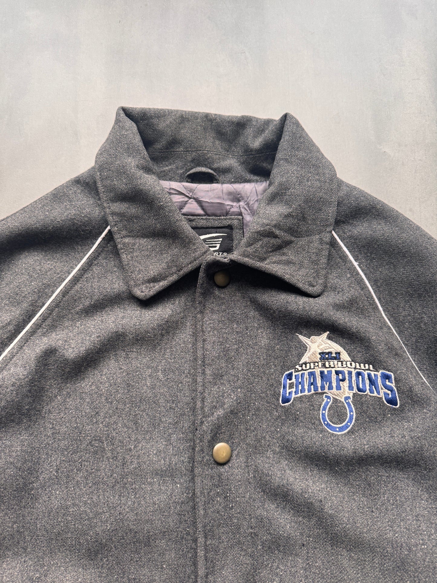 VINTAGE NFL INDIANAPOLIS COLTS GREY WOOL VARSITY JACKET - XXL