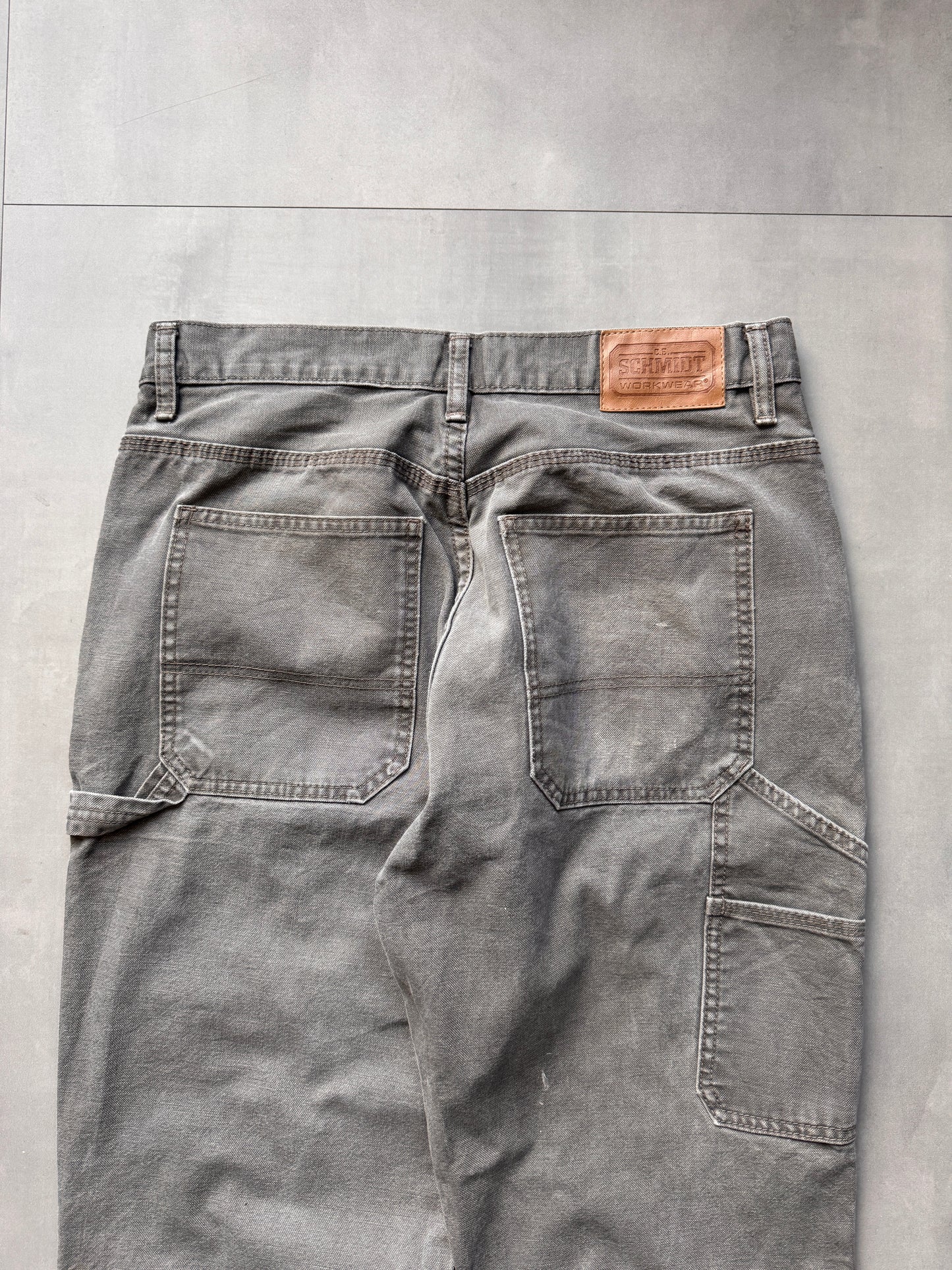 VINTAGE SCHMIDT DISTRESSED FADED GREY CARPENTER PANTS - 32