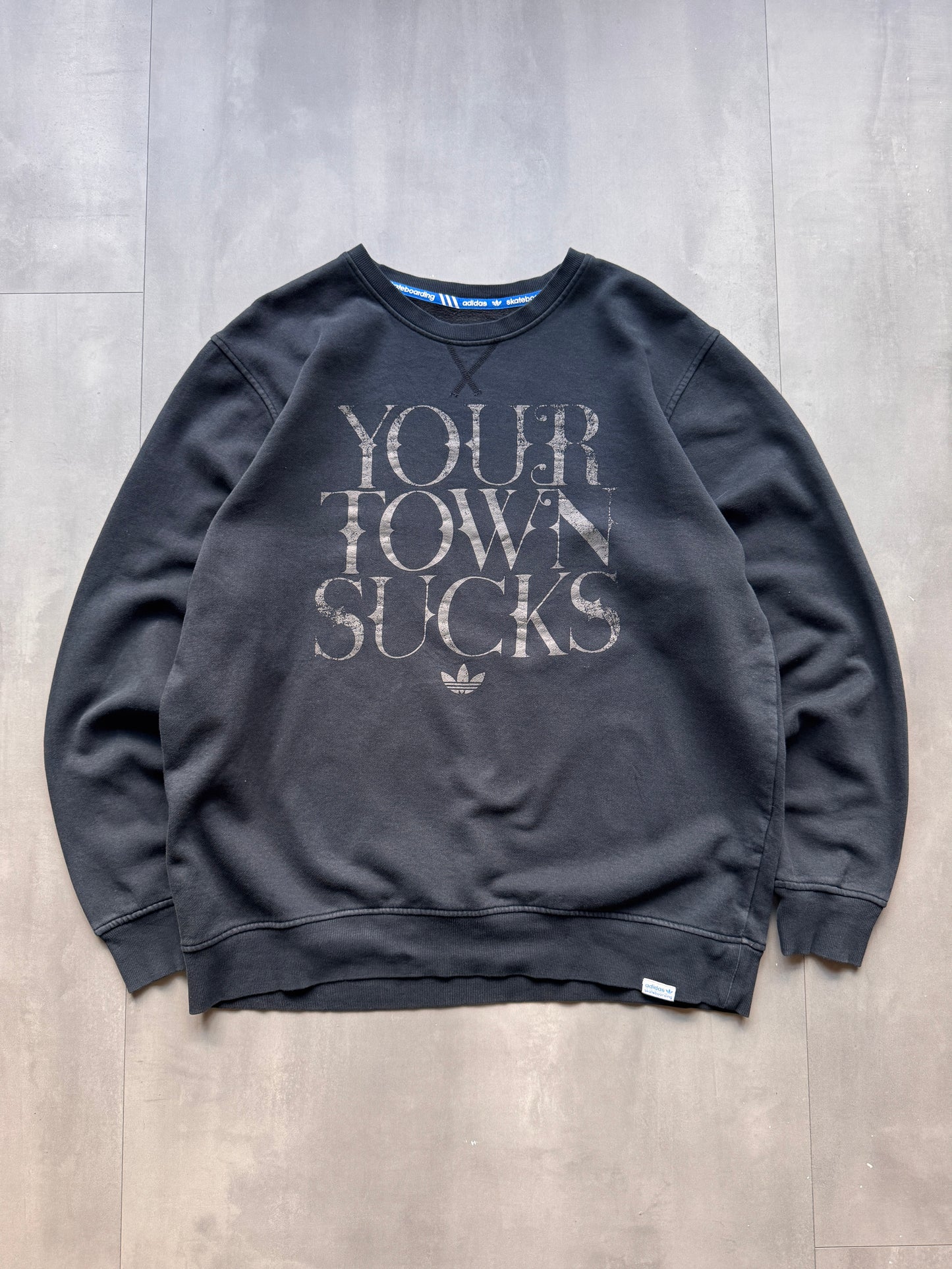 VINTAGE ADIDAS 'YOUR TOWN SUCKS' BLACK SWEATER - L