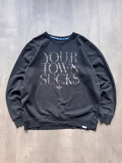 VINTAGE ADIDAS 'YOUR TOWN SUCKS' BLACK SWEATER - L