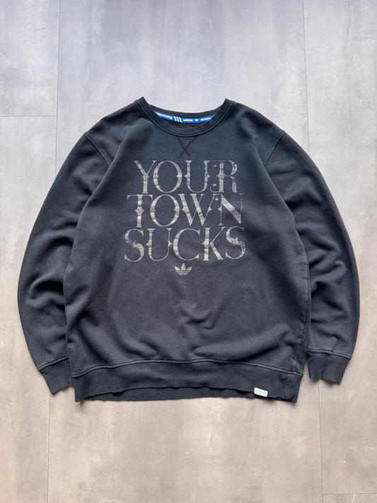 VINTAGE ADIDAS 'YOUR TOWN SUCKS' BLACK SWEATER - L